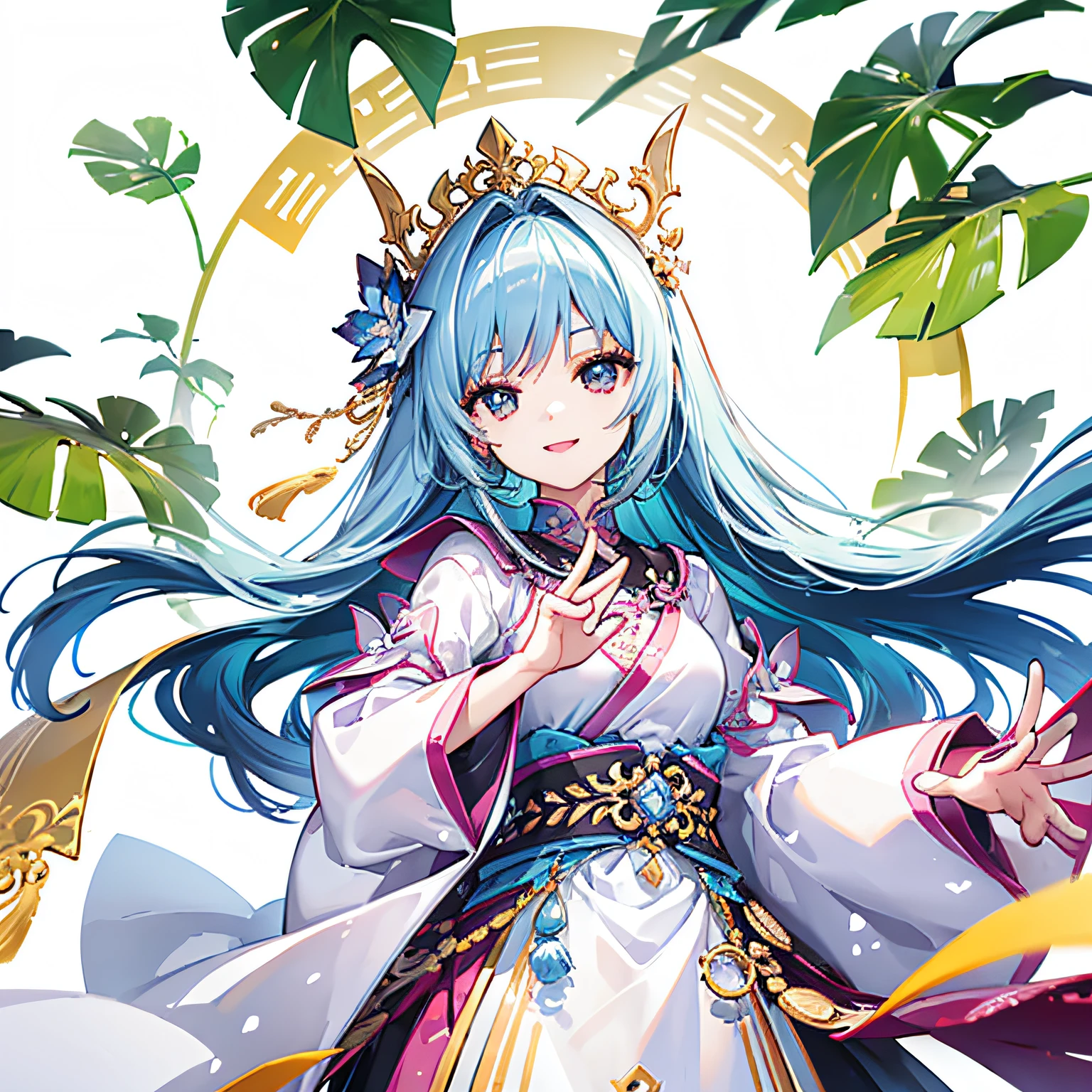 on a clean background,A girl with a happy smile on her face,Bend your hands slightly and raise them flat,two hand, palms up,The right hand higher than the left hand,The left hand holds a gem,The right hand holds a medium-sized Wenchang Pagoda。