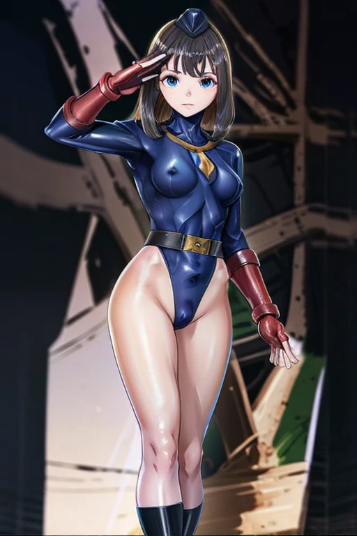 Masterpiece, Best Quality, Highly detailed, illustration, absurdres, street fighter, doll suit, shadaloo doll, nazi saluting, military, military saluting, salute, 3girls, Team Squad, expressionless, blank eyes, looking at viewer, red gloves, emotionless, black latex, corrution, zofa suit, zofa soldier, mind control, female combatant, full body, hypnotized, standing, standing at attention, unhappy trance, full body suit, leotard, perfect female body, belt, blue reflection, Kasuga Shiho, black hair, blue eyes