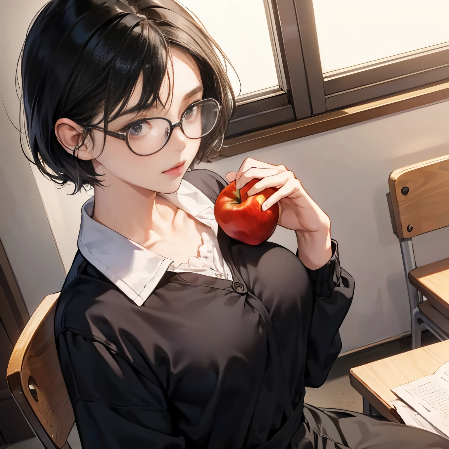 1 girl,Young girl in glasses holding an apple,Very cute,eye glass,,Short bob black hair,very large breast,tre anatomically correct,Precise fingers,student clothes,chest pushing up clothes,photorealisim,masterpiece,