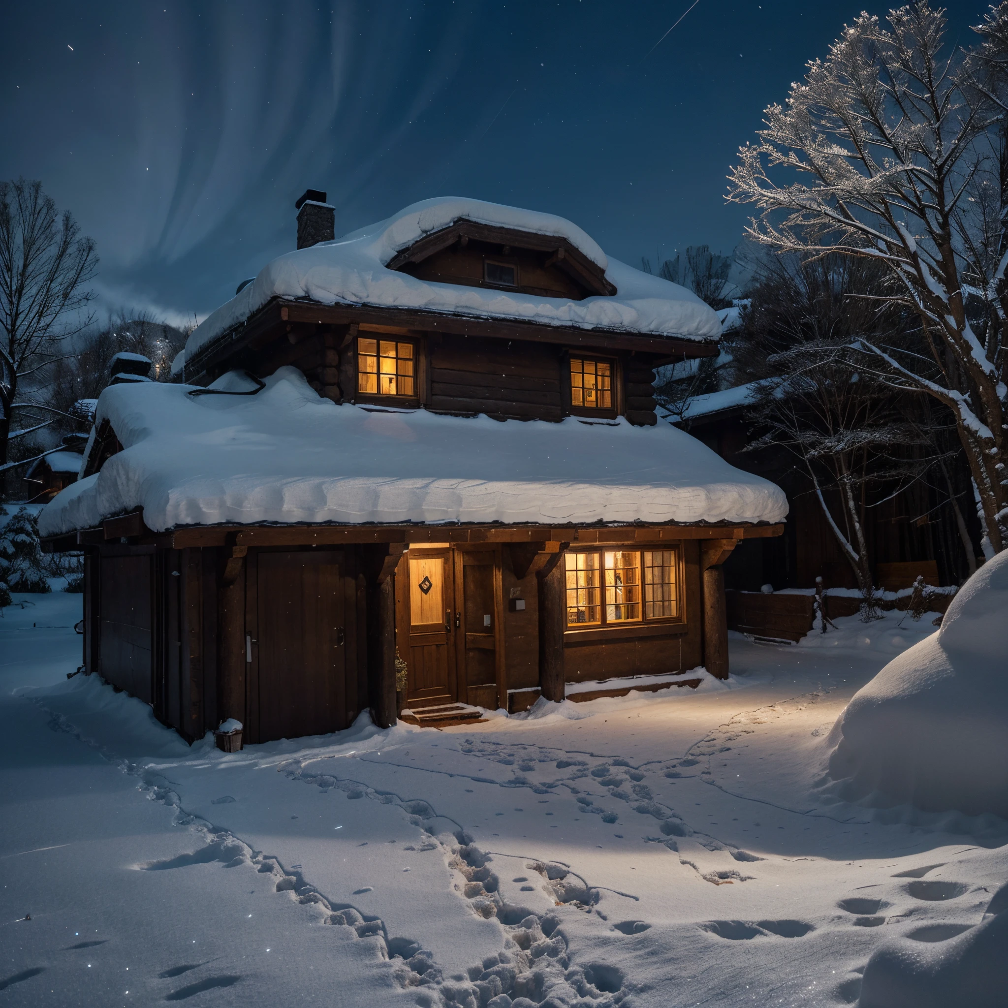 A serene winter night scene in a mountainous region, where traditional thatched-roof houses are blanketed in snow. The warm glow of lights from the windows suggests a cozy atmosphere inside, contrasting with the cold blue tones of the snow-covered landscape. The darkness of the night sky and the surrounding environment accentuates the illumination of the houses. There's a hint of human presence in this secluded area, as evidenced by the lights and the well-trodden paths in the snow.