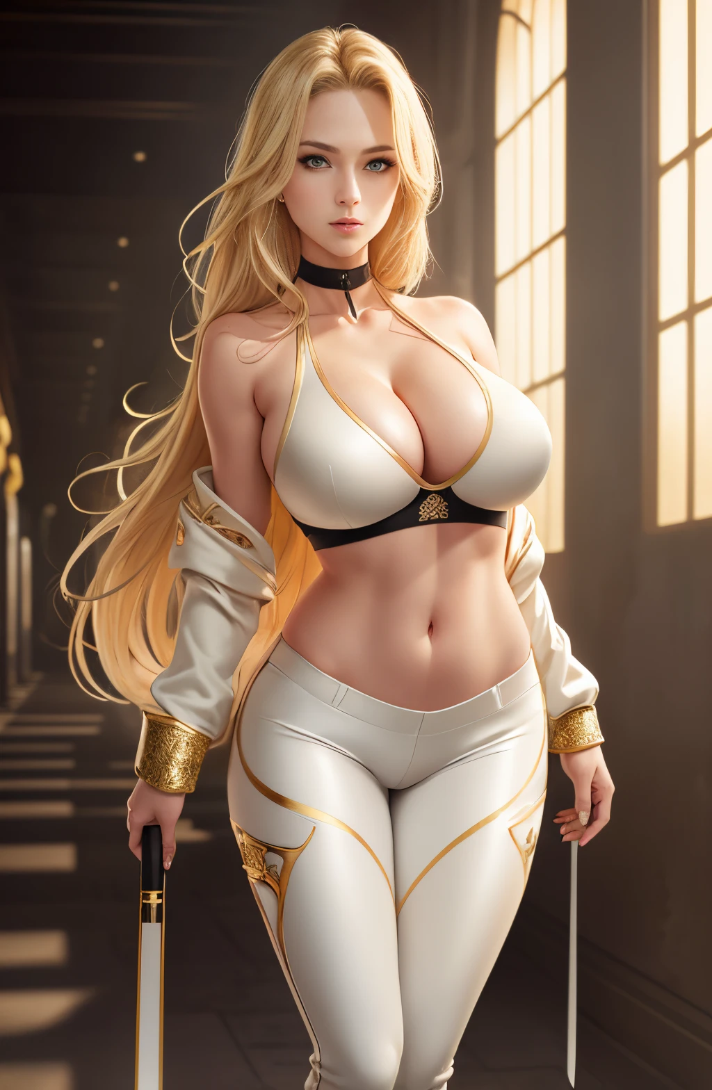 proportional eyes, extremely detailed, hyper detailed, soft lighting, detailed background, extreme detail background, sharp details, (wide shot), (full body), late twenties blonde woman, green eyes, black sports bra, very busty, cream white coat, lousy gold pants