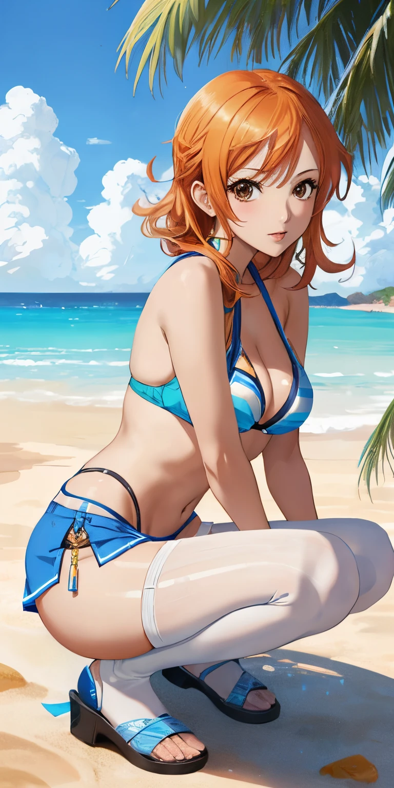 An arafe woman wearing a bikini top and super miniskirt and holding a sword, Squatting with M-shaped legs、White shorts visible under the miniskirt、nami one piece, beautiful portrait of nami,White panties visible from the miniskirt、Squatting with M-shaped legs、 Nami of one piece,Nami in super miniskirt, Detailed Digital Anime Art, Cute exirobat showing white pants, Very detailed ArtGerm haha, deviantart artstation cgscosiety, realistic bikini, Swimsuit, fanart best artstation, ArtGerm. high detailing