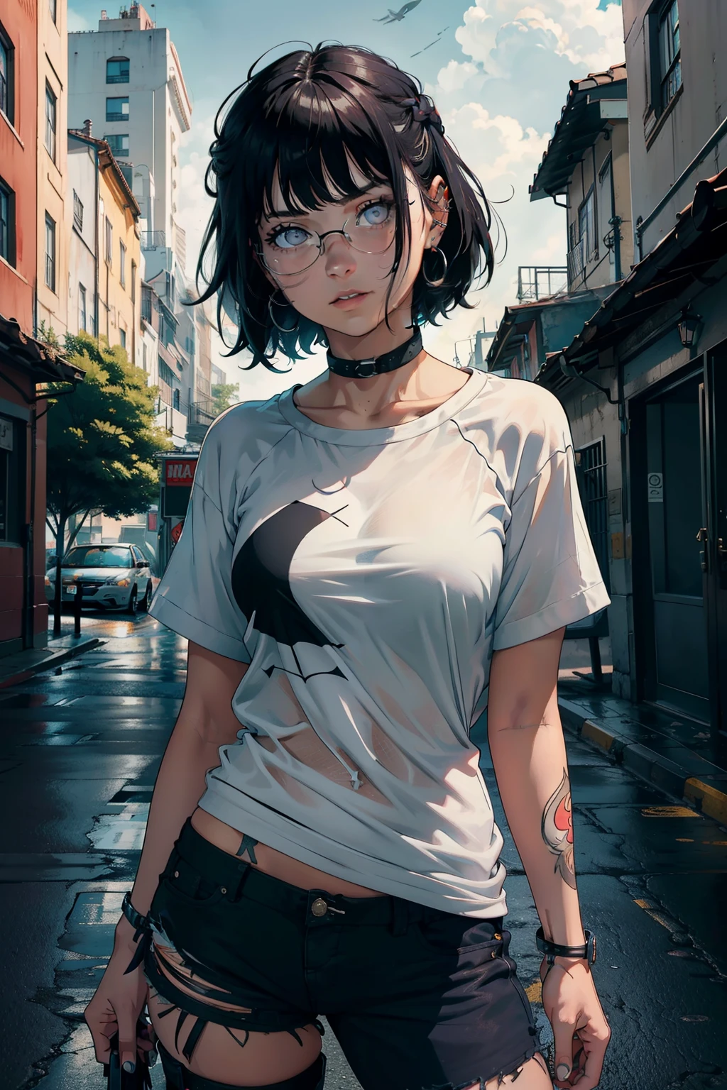 mujer joven, Corte de pelo Riley Nixon, cabello afeitado, cabello rubio, pelo muy corto, pronto, Camisa blanca de camiseta de tanque, Tatuaje de luna roja, brazo derecho tatuado, usar gafas, cabello rubio, Corte de pelo Riley Nixon, pitch black lipstick, Piercings en la cara, en un rascacielos, Mirando al espectador, Ciudad de la tormenta, 4k