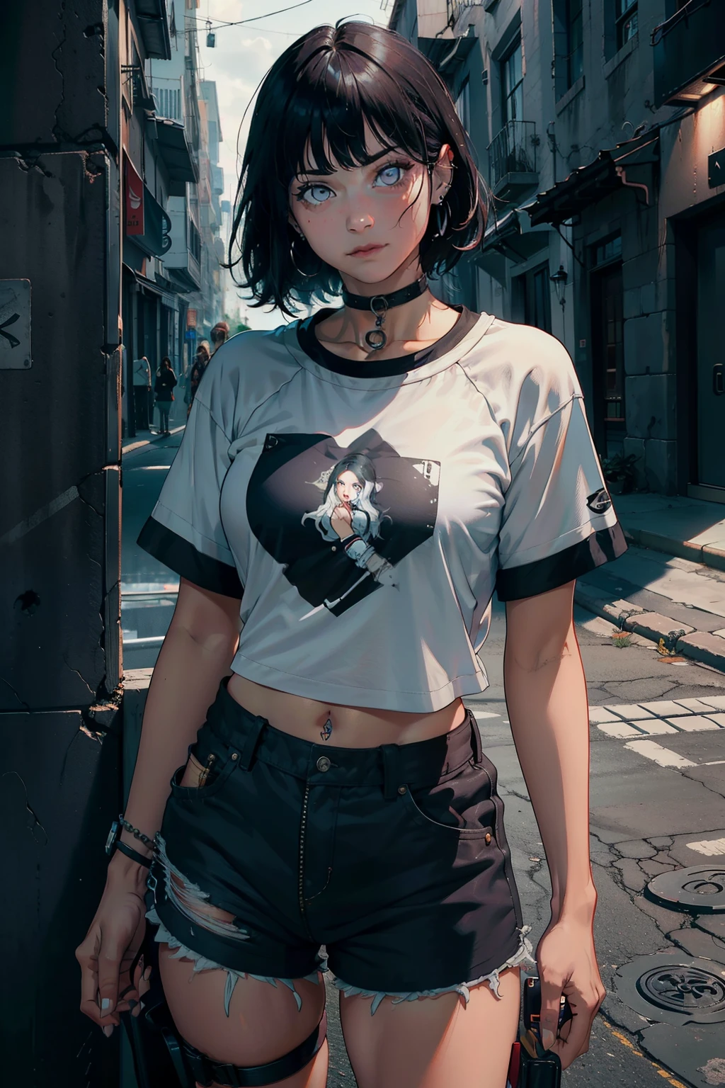 mujer joven, Corte de pelo Riley Nixon, cabello afeitado, cabello rubio, pelo muy corto, pronto, Camisa blanca de camiseta de tanque, Tatuaje de luna roja, brazo derecho tatuado, usar gafas, cabello rubio, Corte de pelo Riley Nixon, pitch black lipstick, Piercings en la cara, en un rascacielos, Mirando al espectador, Ciudad de la tormenta, 4k