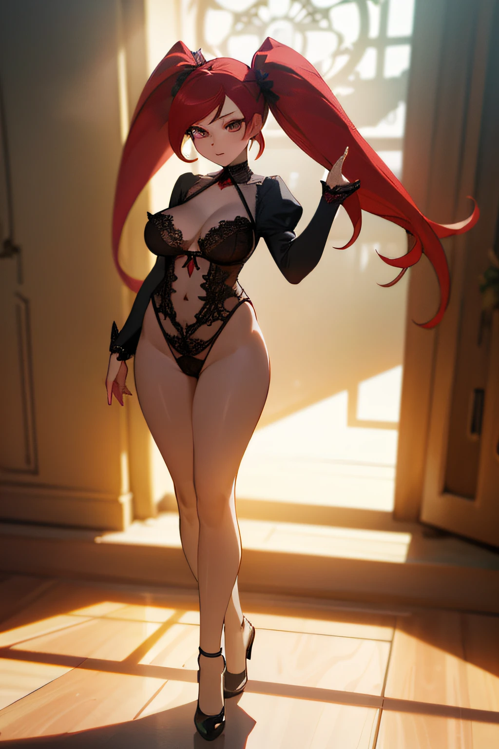 La Brava, Deux queues, cheveux roux, (Masterpiece, Best quality, Ray Tracing, volumeric lighting, Ombres SSAO, Detailed, complexe),((corps entier)), lingerie, mince,Debout, gros seins, affaissement des seins