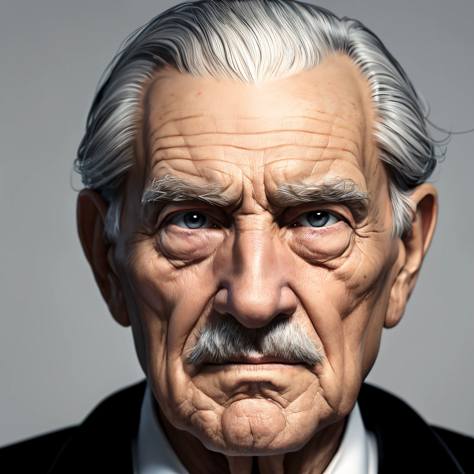 3D drawing of a pensive elderly man looking fixedly at the camera, a man with facial features resembling Albert Ainstein