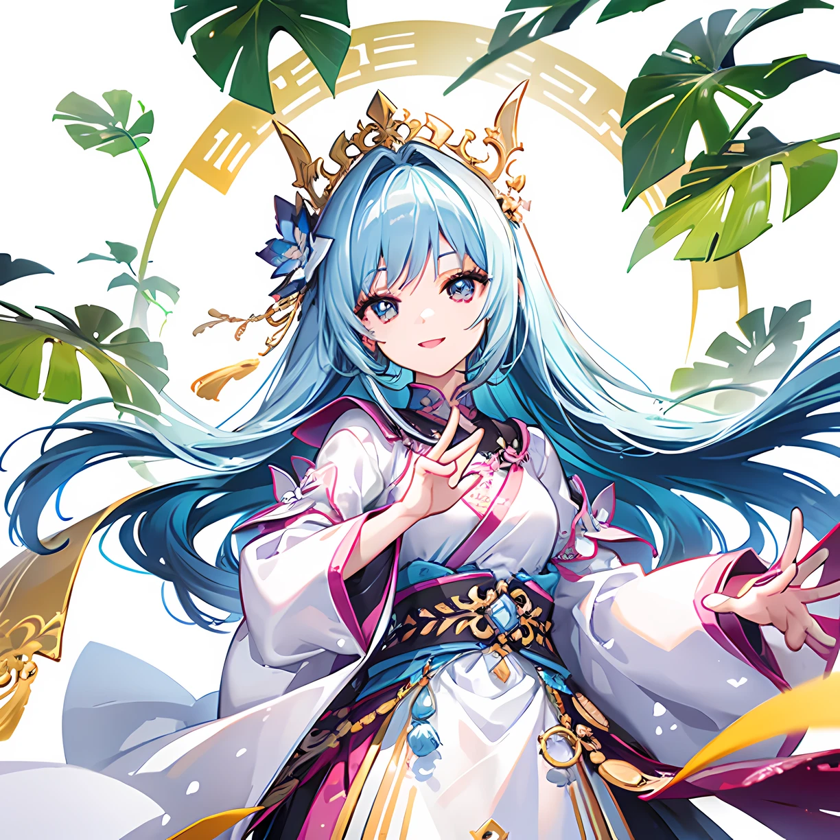 on a clean background,A girl with a happy smile on her face,Bend your hands slightly and raise them flat,two hand, palms up,The right hand higher than the left hand,The left hand holds a gem,The right hand holds a medium-sized Wenchang Pagoda。