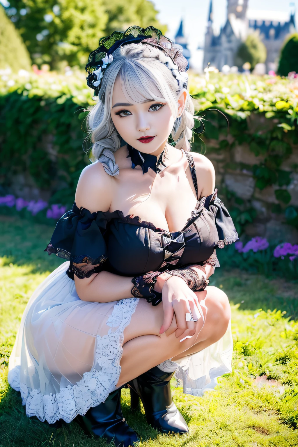 ((18 year old Japanese girl, 1 person)), (((Gothic ta Fashion:1.3)),(((Lace off-the-shoulder dress))),(((Outfit with intricate lace detailing))),(Emphasize large breasts:1.3),(European castle background:1.3),(Flowerbed with colorful flowers blooming in the garden),(squat:1.3),(The contrast of light and shadow makes the subject appear three-dimensional),Pretty and beautiful girl,Cute round face,Cute Smile,Blushing,Red lips,(Silvery white hair,Floral knit headband,Half Up、Floral braided space buns,Voluminous fishtail braid,Twisted pan,),(The bangs are see-through),hairpin,hair ornaments,Detailed clothing features,Detailed hair features,Detailed facial features,(Dynamic Angle),BREAK ceremony,((Random sexy poses、put in、Deep pleasure, Ecstatic eyes:1.2)), ((I gasp hard:1.2))、Ecstatic face、Climax expression, Through clenched teeth、My whole body is convulsing、Official Art,Highly detailed CG Unity 8k wallpaper, (masterpiece:1.0),(highest quality:1.0), photo shoot, 8k, Browsing Caution, High resolution, Kodak Portrait 400, Film Grain, Lens flare brilliance,Very low camera angle, View your audience