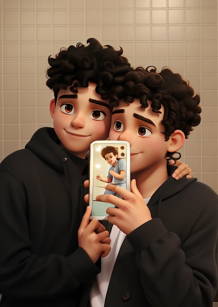 Hugging young gay couple with curly hairs taking a picture in a mirror