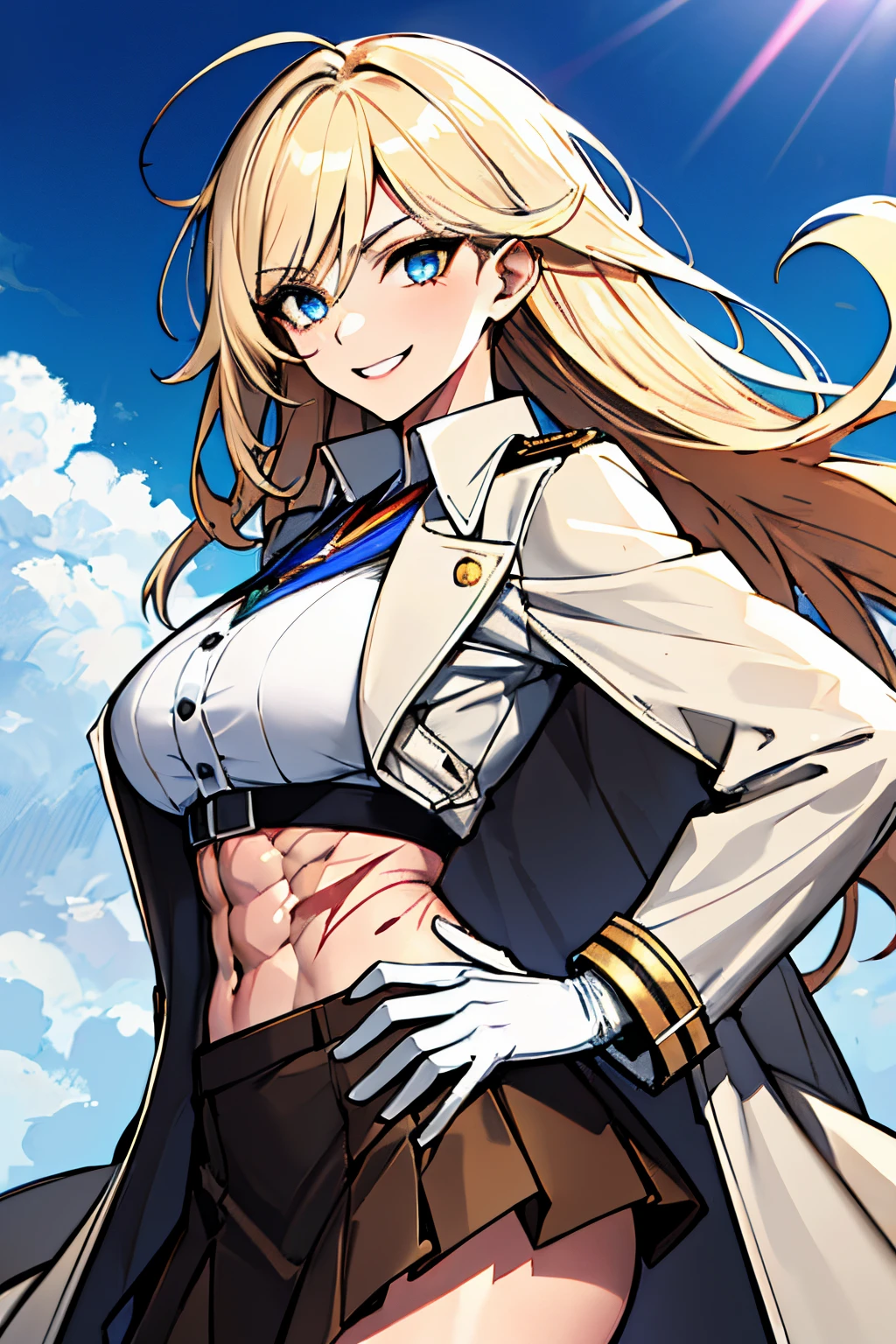 (absurdres, 8k, 4k, masterpiece, hyper extreme detailed:1.2), solo, 1girl, front view, perfect face, 1girl, portrait, expressive eyes, looking at viewer, solo, standing, Female, toned body, mature female, large breasts, pale, platinum blonde hair, long hair, dark blue eyes, swept bangs, athletic body, stoic, windy hair, moving hair, moving clothes, Dark Brown Skirt. White Shirt, Tan Trench Coat, German, Medals, Military, battle worn, scars, hand to hip, medals, messy hair, smile, happy, heroic, perfect anatomy, friendly, heroism, white gloves, light blonde hair, blue sky, sun, clouds, abs, muscular, half body