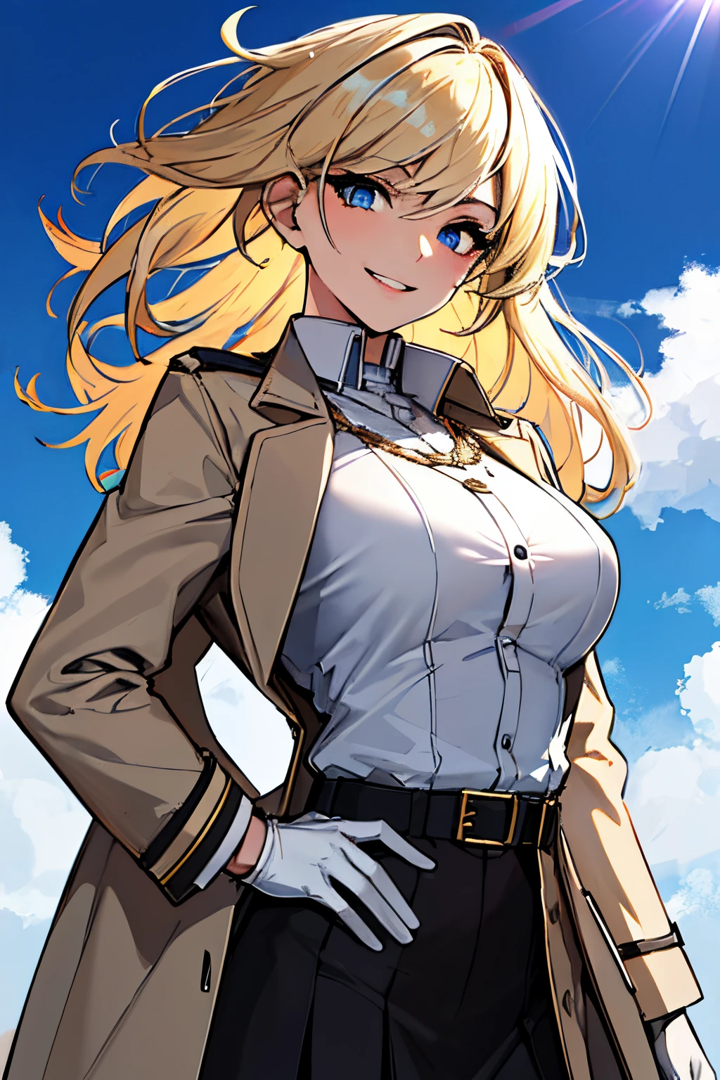 (absurdres, 8k, 4k, masterpiece, hyper extreme detailed:1.2), solo, 1girl, front view, perfect face, 1girl, portrait, expressive eyes, looking at viewer, solo, standing, Female, toned body, mature female, large breasts, pale, platinum blonde hair, long hair, dark blue eyes, swept bangs, athletic body, stoic, windy hair, moving hair, moving clothes, Dark Brown Skirt. White Shirt, Tan Trench Coat, German, Medals, Military, battle worn, scars, hand to hip, medals, messy hair, smile, happy, heroic, perfect anatomy, friendly, heroism, white gloves, light blonde hair, blue sky, sun, clouds, abs, muscular, half body