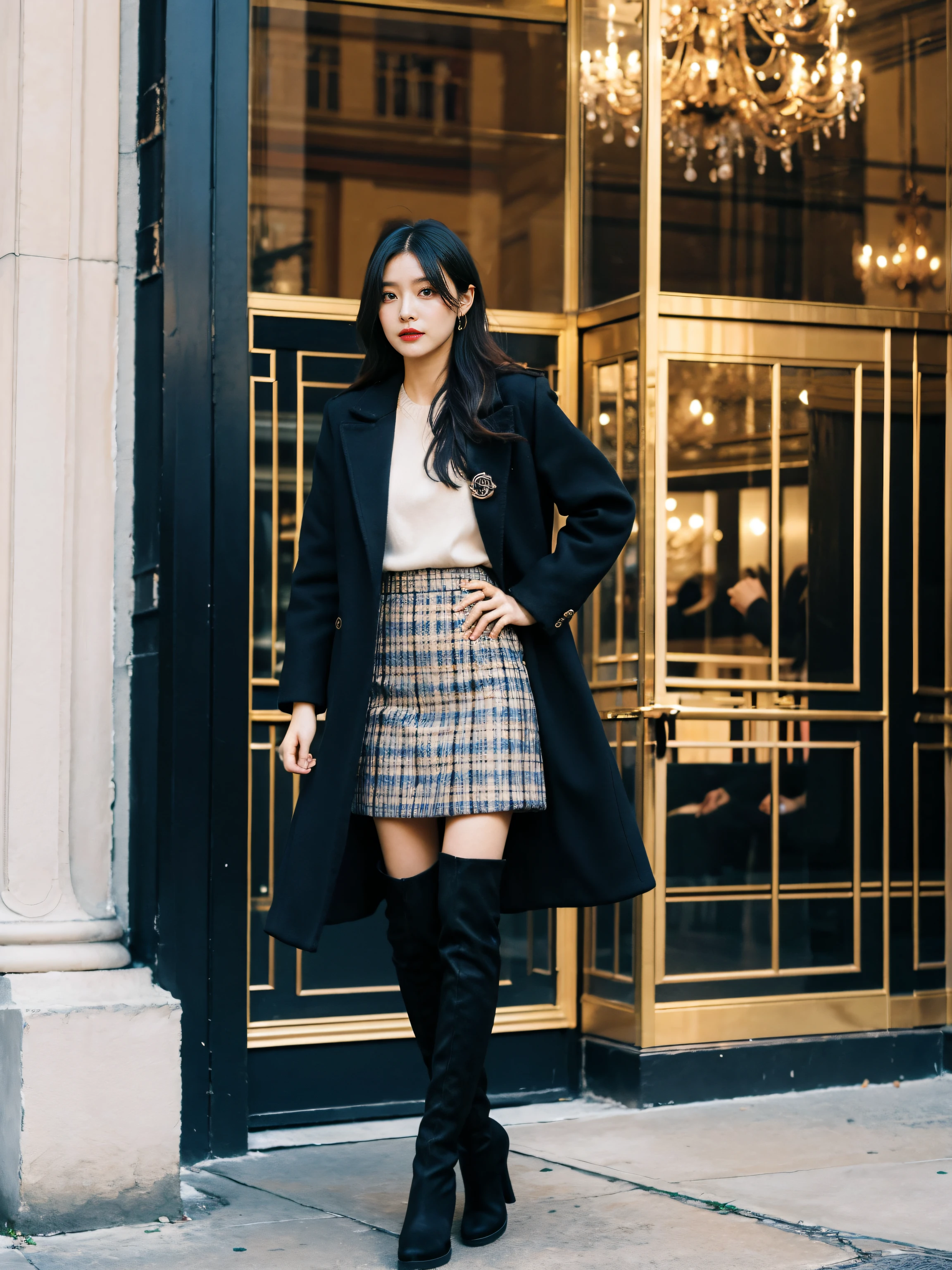 Best quality,tmasterpiece,超高分辨率,(actual:1.4),RAW photos,hyper HD,8K,There one girl,Stylish clothes,Chanel style,Stylish skinny suit, wearing jacket and skirt,high-class fashion,ellegance, short skirt and a long jacket, tigh-high boots,Over-the-knee boots,Casual pose