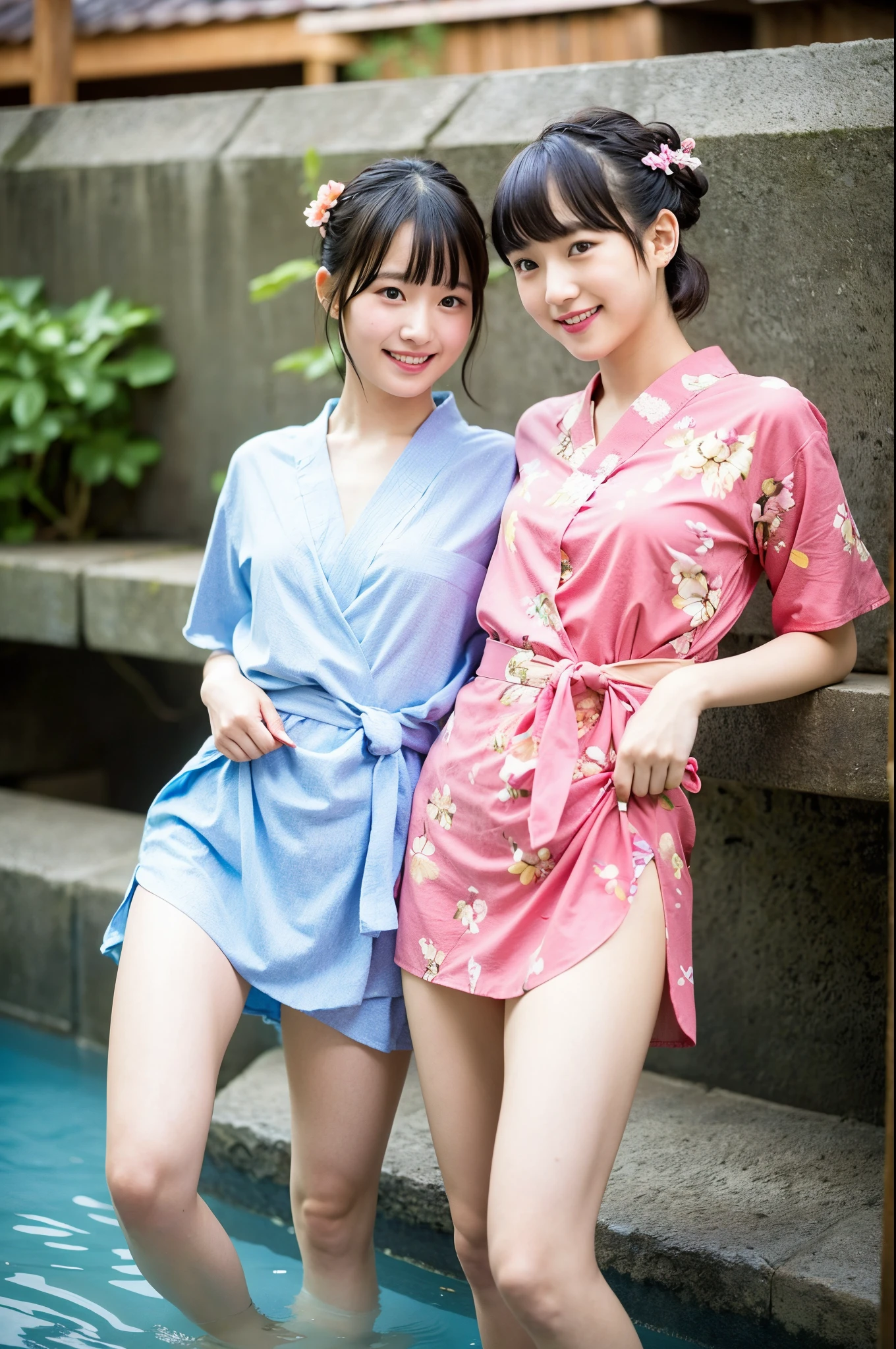 2 girls in hot spring,floral yukata,hair accessories,18-year-old,bangs,a little smile,thighs,crotch,knees,short cut hair,low poneytail,from below