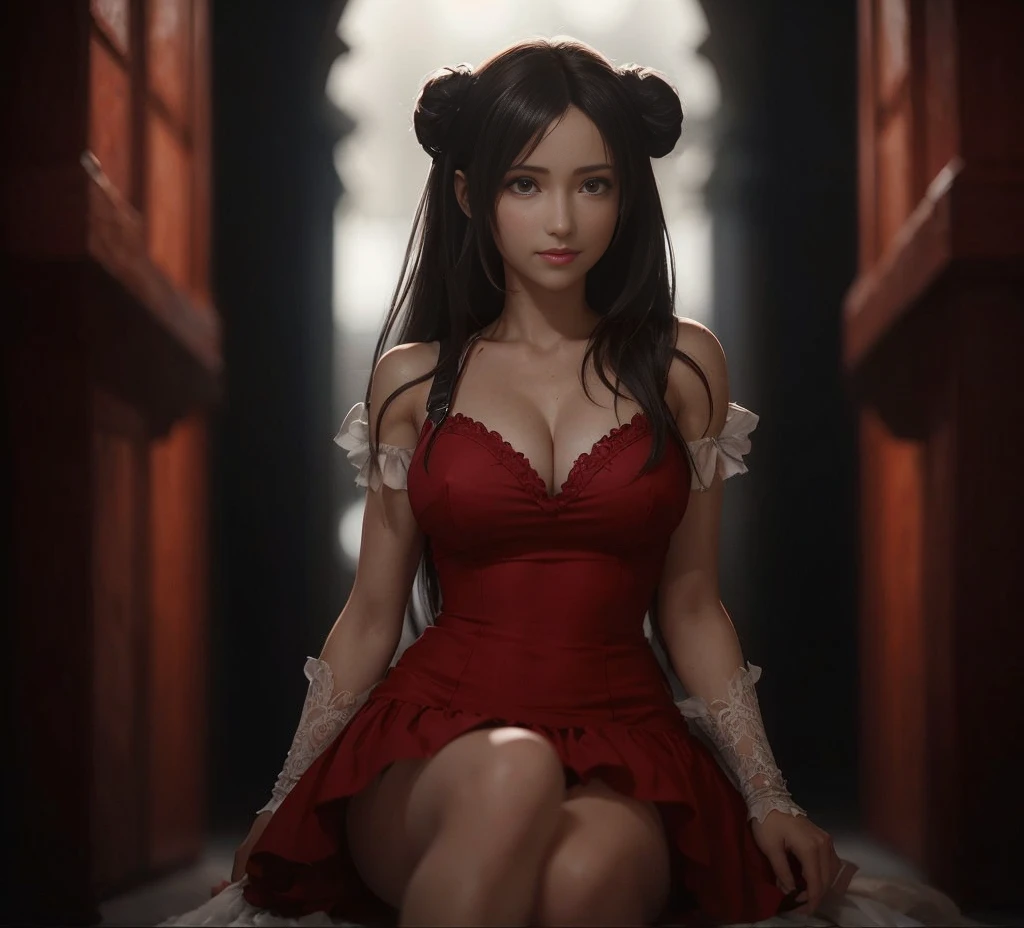 (best quality,ultra-detalhado),(Realistic:1.37),Tifa Lockhart, Rosto bonito e detalhado, maquiagem preta nos olhos, textura ultra realista, rosto delicado, corpo delicado, sorrisinho fofo