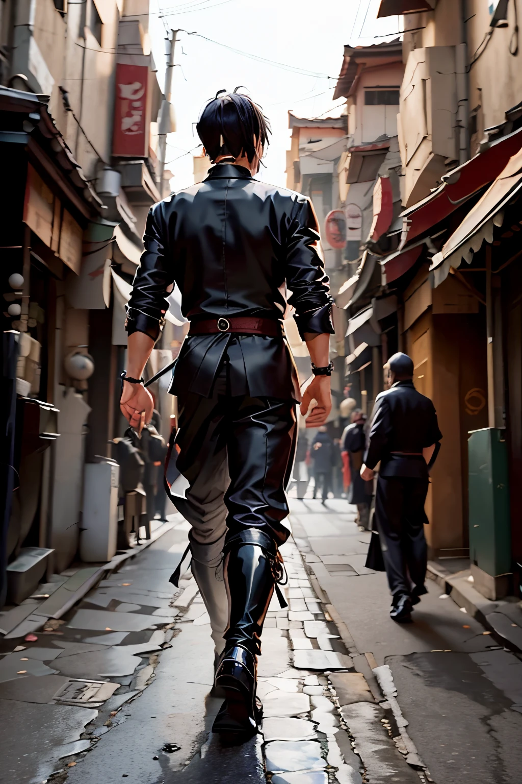 Asian man walking backwards on a street wearing a black samurai suit