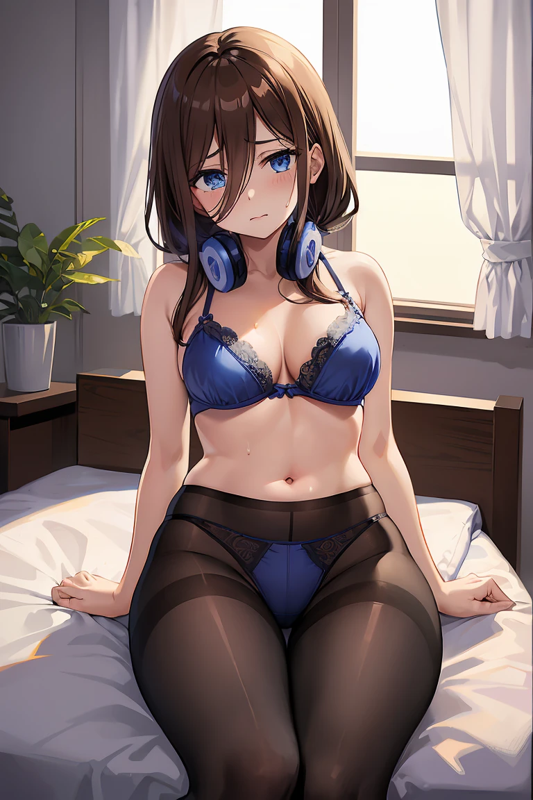 POV (from below), 1girl, alone, Miku Nakano, Long hair, brown hair, blue eyes, embarrassed, Neutral expression, mouth partially open, seductive, sweaty, room, bedroom, Good lighting, Night, window with open curtains, bed, sitting, legs open, underwear, blue bra, blue lace bra with white floral details, black pantyhose, transparent stockings, showing underwear, BLUE THONG, left hand stretching black pantyhose, large breasts, medium waist, medium hips, wide thighs, looking at the viewer, perfect hands, excellent body anatomy