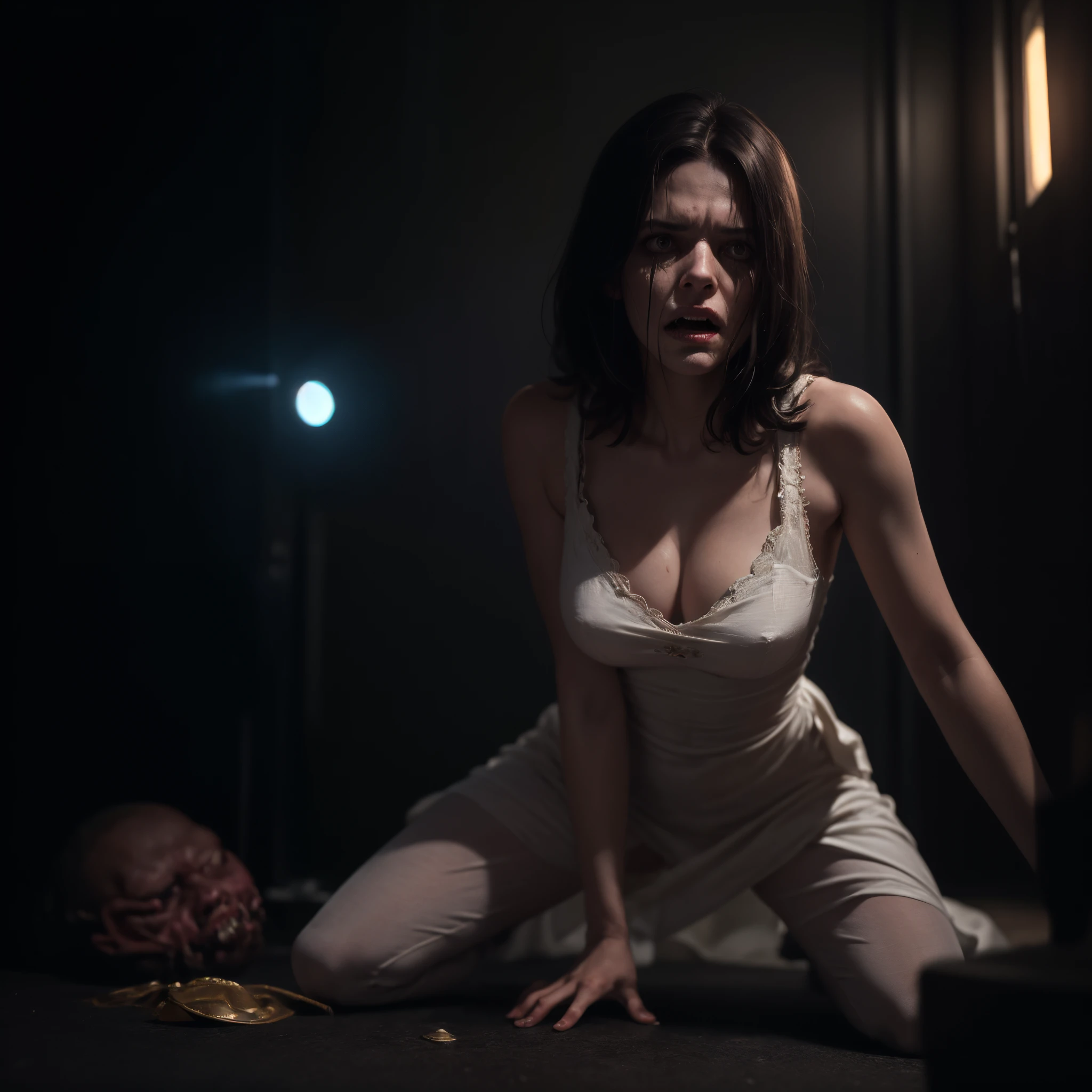 horror art, dread, Best quality, masterpiece, ultra high res, (photorealistic:1.4), gopro, Action shot of a terrifying ghost beaten by the viewer, kneeling, begging for mercy, (in arena), creepy, white dress, unnerving, unsettling, terrifying, 80mm, horror lighting, dynamic action