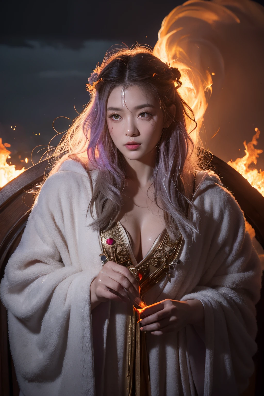 Beautiful priestess wearing wizard robe，face and body made of ash clouds and burning rain clouds, Mark Mann (Mark Mann) Great for thermal photography, ample, albrecht durer, ample, soft wet color, intricately details, fiery, smokes, The beautiful, Cloudy, Fluffy, static charge, sacrum portrait, Artistic masterpieces from leaders in real-time engineering