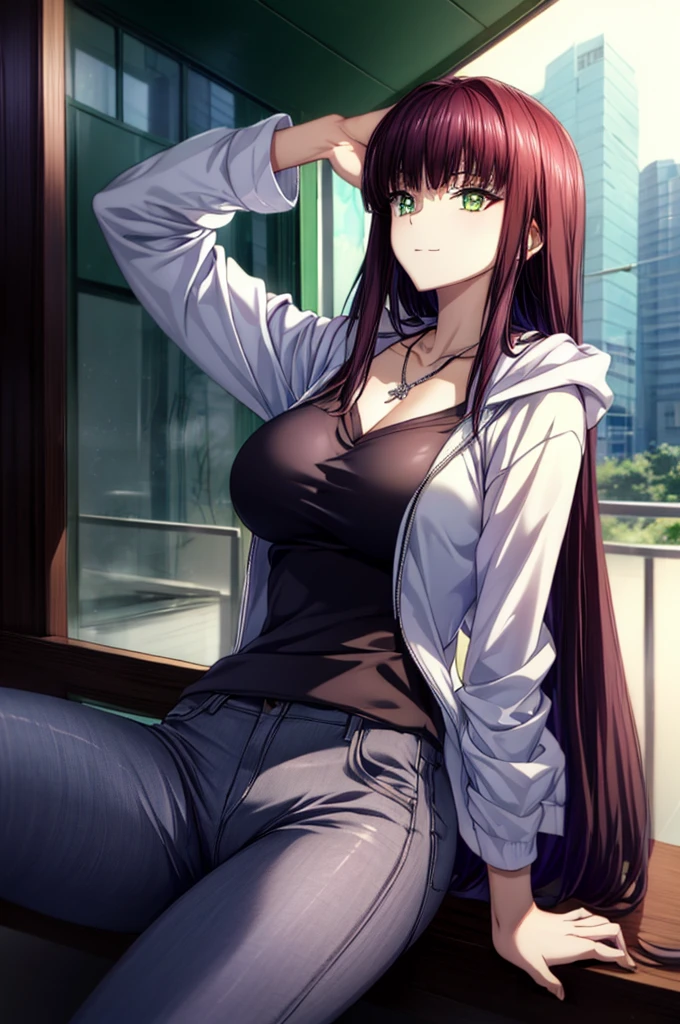 beautiful anime high school girl,Anime girl in a black shirt and jeans standing on the balcony, Shinkai Makoto style,Anime girl with green eyes and a white shirt standing on the sidewalk, Seductive Anime Girl, anime visual of a young woman, Anime Best Girl, anime girl with long hair and green eyes,, Seductive Anime Girl, UHD,hiquality,Connect ticker and 8K, hight resolution,Very detailed CG, High quality shadows, Detail Beautiful delicate face, Detail Beautiful delicate eyes,BREAK(Highly detailed 8k wallpapers),(Highly detailed CG 8K wallpaper),Makima (chain saw man),Sukasaha (Fate/grand order),Shimohira Reihua ,Hi-Res,Very delicate and beautiful CG illustration,top-quality,beautiful thigh,big breasts thin waist,(((masutepiece))), (((Best Quality))),8K,32K,​masterpiece,beautiful alluring anime woman,ultra-definition,ultra-detailliert,hight resolution,a hyperrealistic schoolgirl,masuter piece, Best Quality, High quality, High Definition, high quality texture, high quality shadow, high detailing,finely detail,A teenage girl,1girl in,High school students,Solo,Soio,Only one person,Alone,One Person,taki,Mature atmosphere,Leg length,neat and long legs,8 Head Body,stature:171cm,Mature girls,Reddish-purple hair,Reddish-purple hair,Purple hair,cassis colored hair,silky and smooth hair,Colorful hair,Straight hair,Smile,Cool Beauty,Beautuful Women,Neat face, Beautiful realism,Seductive look,Bewitching look,serene expressions,beautiful hairl,She wears a necklace around her neck,Necklace,bead necklace,magatama accessories,A slight smil,Colorful eyes,green colored eyes,Jade-colored eyes,beautidful eyes,Bright eye,Delicat eyes,Eyes Like Gems,Jade Eyes,Hanging eyes,(Green eyes:1.5),Seductive face,Watching the viewer,Model photo,simple background,Black hair, longeyelashes, lightsmile, Reddish-purple hair, cassis colored hair, Hairpin, lightsmile, Seductive smile, Jade-colored eyes, PUPILS SPARKLING, Hanging eyes, multicolored eyes, anime style, Hyperrealism, Realism, anime, 8k, super detail, ccurate, best quality, 16k, anatomically correct, ccurate, UHD, 16k, highres, best quality,parka,Plain clothe,((Black Lowrise Skinny Long Jeans)),hooded sweatshirt,((Sweatshirt)),stroll,Building Street,Sunlight,blue-sky,stroll,Bustling street,is standing,takeout,Out,