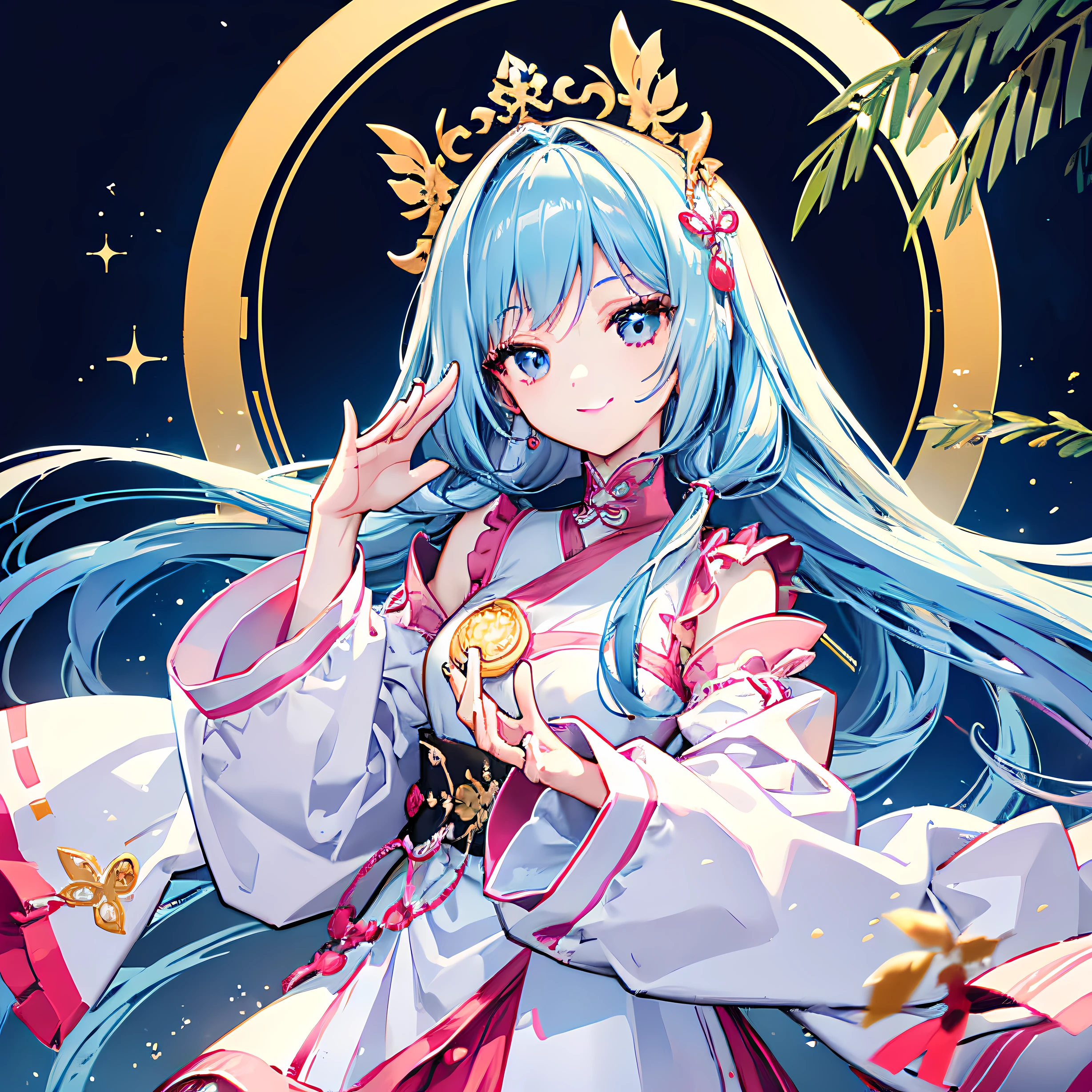 on a clean background,A girl with a happy smile on her face,Bend your hands slightly and raise them flat,two hands, palms up,The right hand higher than the left hand,Holding gems in left hand,The right hand holds a medium-sized Wenchang Pagoda。