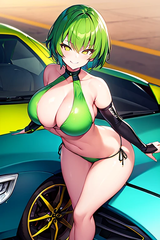 1girl, large breasts, wide hips, green hair, very short hair, short hair, yellow eyes, bikini, black bikini, neon trim, smile, smirk, smug, futuristic, science-fiction, tech, shoes, sneakers, black clothes, race queen, car, sport car, sports car, motor vehicle