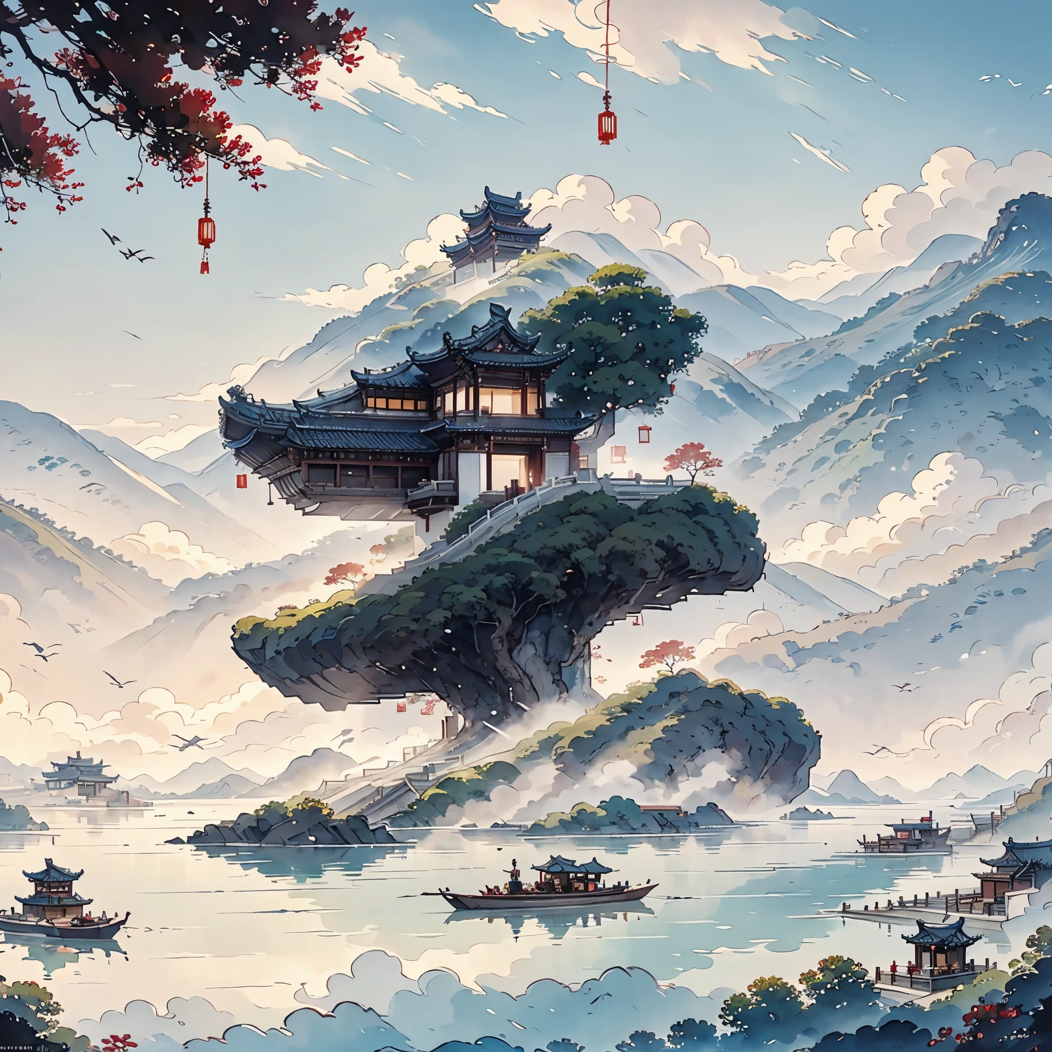 (Depth  of  field  effect)  (Chinese  ancient  architecture  group  on  isolated  island),  (Tower,  Building)  (Pavilion,  miscellaneous  trees,  Clouds,  green  trees,  maple  trees,  red  trees,  small  stones,  small  birds),  Chinese  watercolor  style,  (Chinese  painting  style),  Chinese  landscapes,  Traditional  Chinese  watercolor  paintings,  Chinese  paintings,  watercolor  8K,  (reflections),  clear  boundaries  between  light  and  shadow,  light  and  shadow,  light  and  shadow  effect,  masterpiece,  super  details,  epic  work,  ultra  high  definition,  high  quality,  very  detailed,  official  art,  unified  8K  wallpaper,  super  details，Contrast between light and dark.