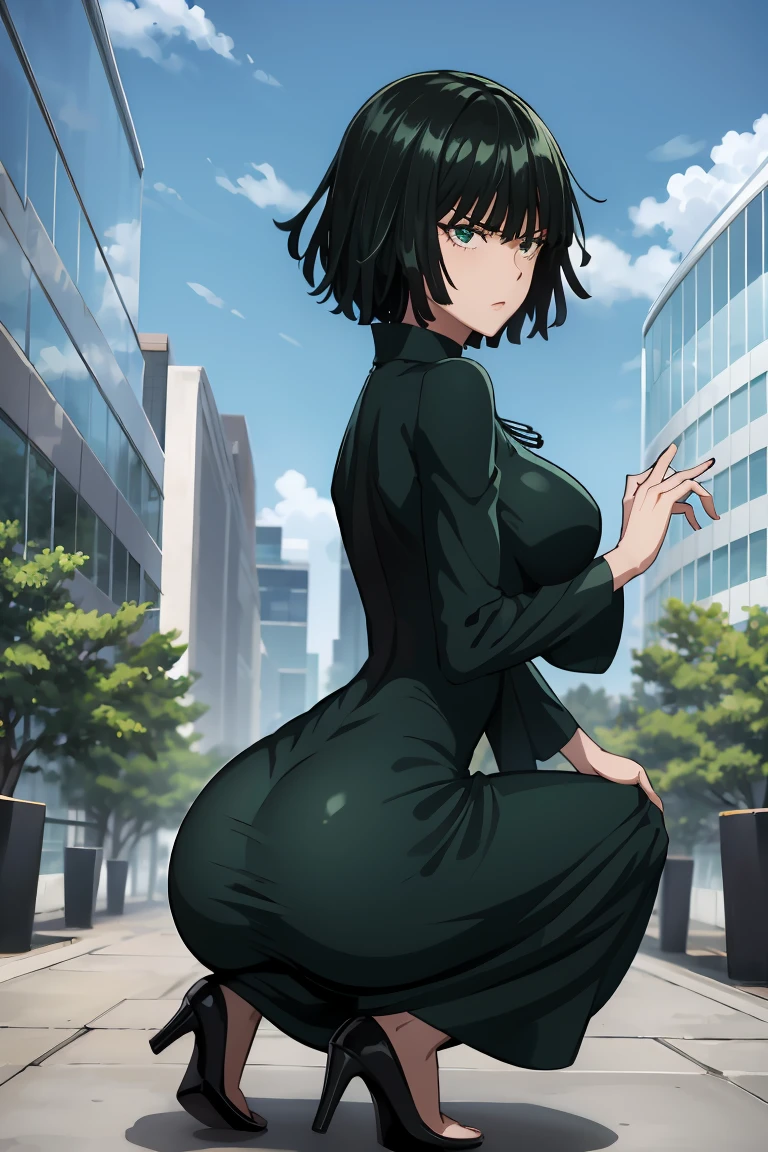 a woman in a green dress sitting on a ledge, tatsumaki from one punch man, beautiful anime girl squatting, fubuki, thicc, she wears a dark green dress, tatsumaki, looking from behind, back pose, full growth from the back, in full growth from the back, seductive anime girl, anime woman