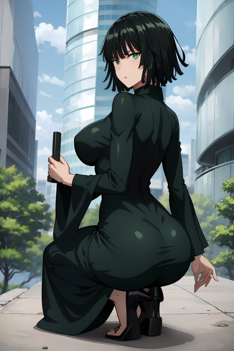 a woman in a green dress sitting on a ledge, tatsumaki from one punch man, beautiful anime girl squatting, fubuki, thicc, she wears a dark green dress, tatsumaki, looking from behind, back pose, full growth from the back, in full growth from the back, seductive anime girl, anime woman
