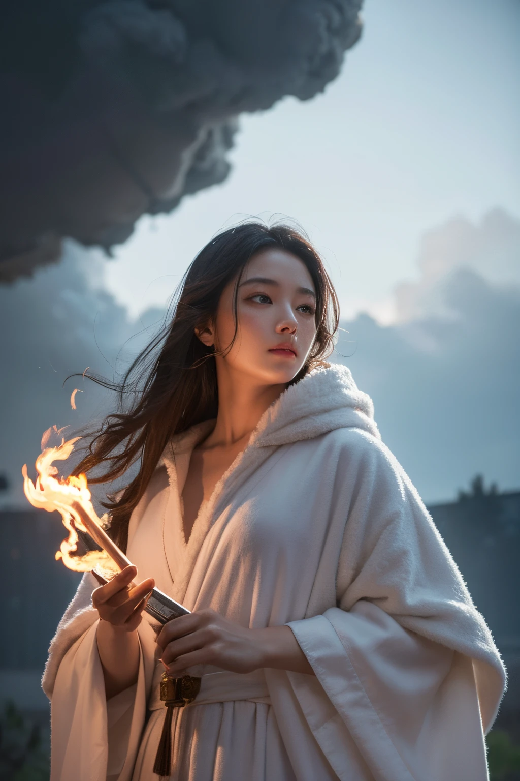 8k,Beautiful priestess wearing wizard robe,face and body made of ash clouds and burning rain clouds, Mark Mann (Mark Mann) Great for thermal photography, ample, albrecht durer, ample, soft wet color, intricately details, fiery, smokes, The beautiful, Cloudy, Fluffy, static charge, sacrum portrait, Artistic masterpieces from leaders in real-time engineering