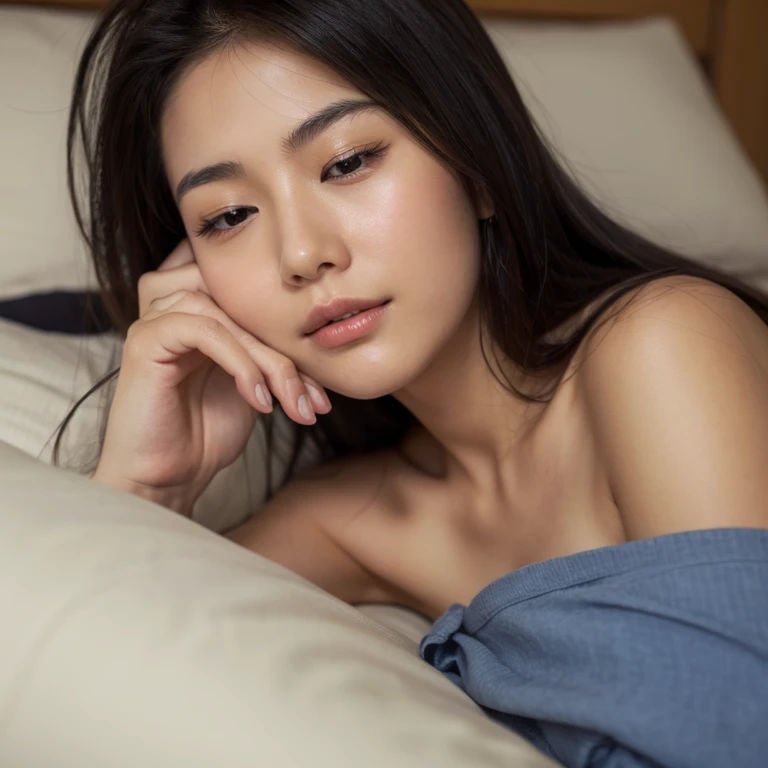 The most beautiful Japanese woman、In the futon、waking up、Close-up of sleeping face facing this way、