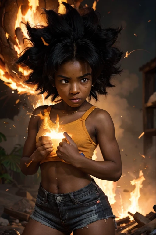 girl, darkskin girl, brown kid, hair till shoulder, hair like goku, dragon ball, goku, vegeta, anime, cartoon, black kid, young, big hair, Super Saiyan hair, hair like Super Saiyan 2, loading power, fighting stand, angry, fire in hands, building background