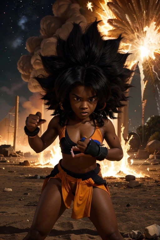 girl, darkskin girl, brown kid, hair till shoulder, hair like goku, dragon ball, goku, vegeta, anime, cartoon, black kid, young, big hair, Super Saiyan hair, hair like Super Saiyan 2, loading power, fighting stand, angry, fire in hands, building background