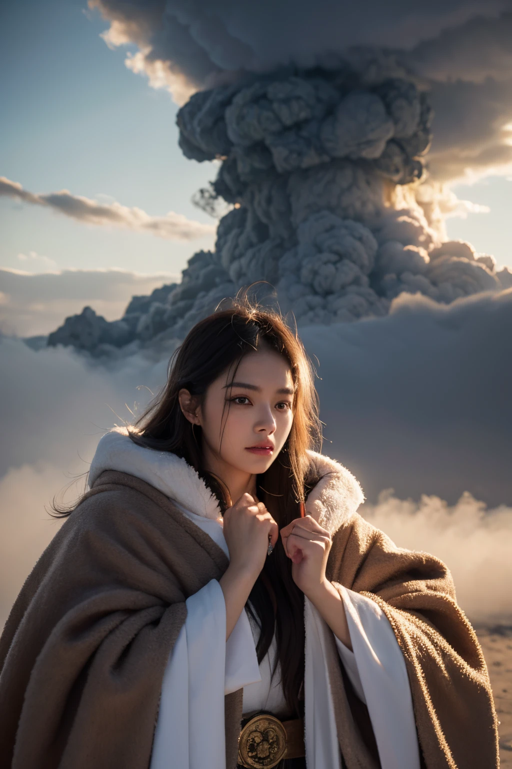 8k,Beautiful priestess wearing wizard robe,face and body made of ash clouds and burning rain clouds, Mark Mann (Mark Mann) Great for thermal photography, ample, albrecht durer, ample, soft wet color, intricately details, fiery, smokes, The beautiful, Cloudy, Fluffy, static charge, sacrum portrait, Artistic masterpieces from leaders in real-time engineering