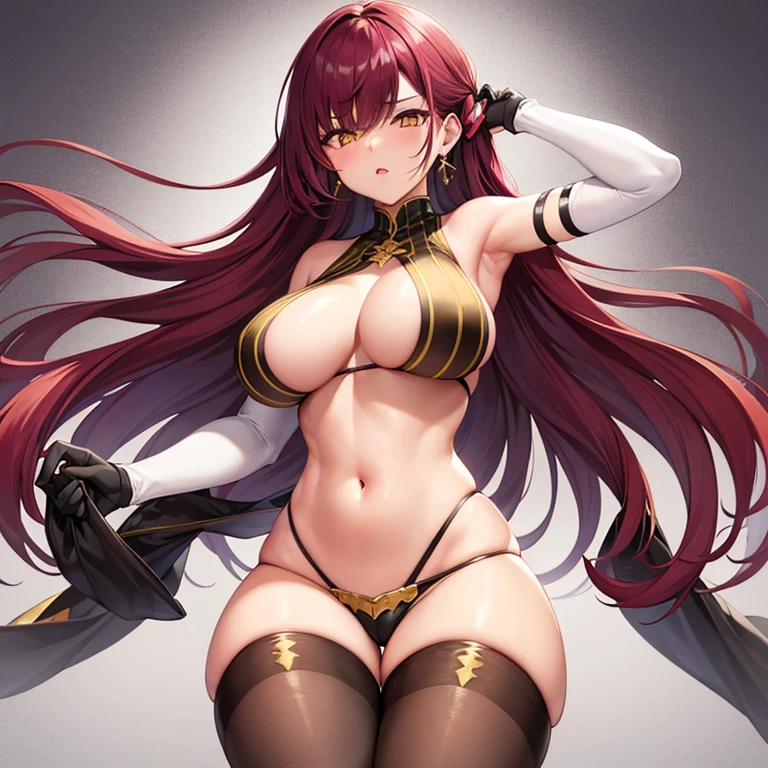1girl, backless outfit, breasts, earrings, elbow gloves, gloves, high heels, jewelry, large breasts, lips, long hair, multicolored hair, navel, red hair, shadow, sideboob, simple background, solo, stomach, tan, turtleneck, two-tone hair, very long hair, virgin destroyer sweater, white background, yellow eyes