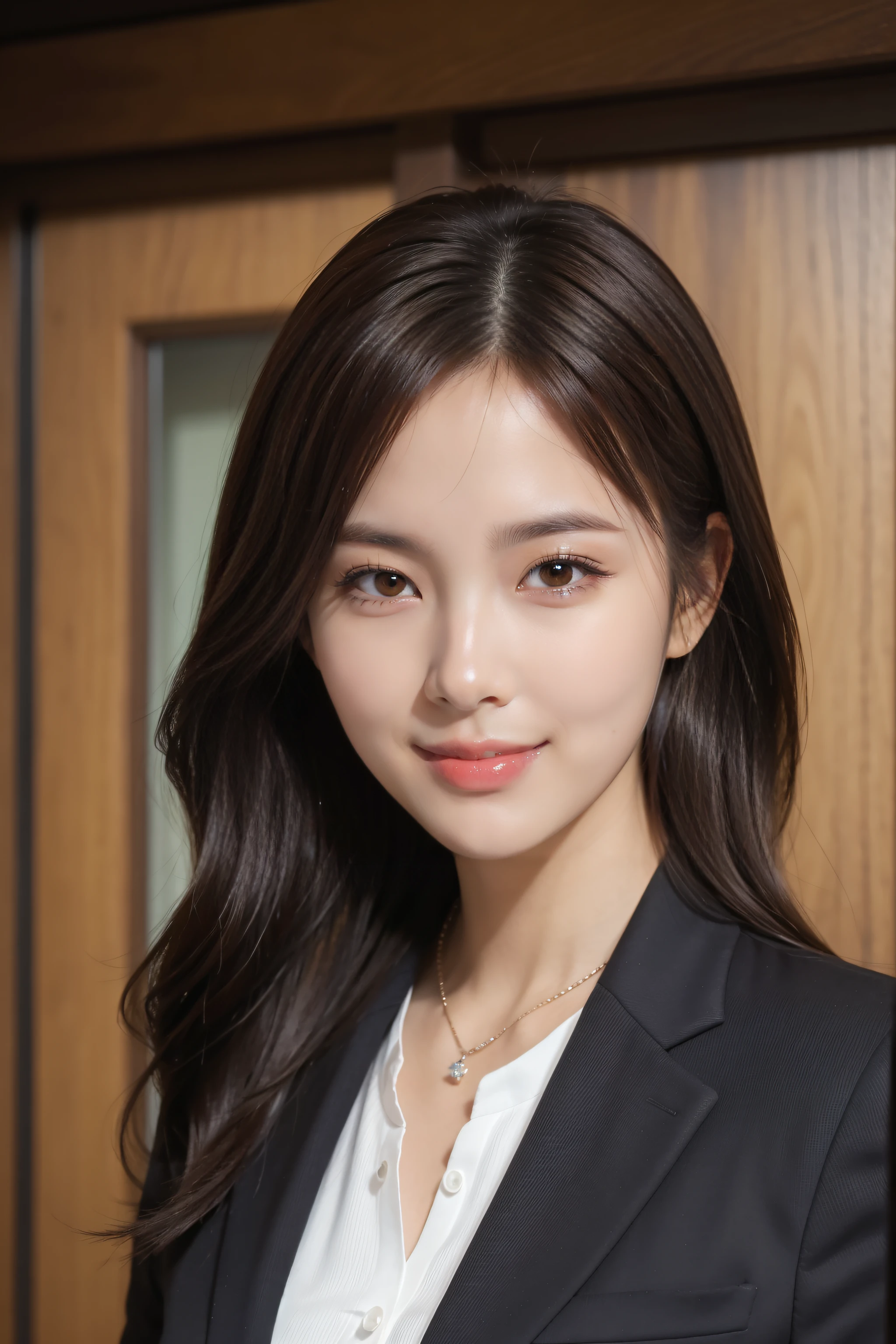 (medium:1.2),(Best quality,4K,A high resolution,tmasterpiece:1.2),(ultra - detailed),(actual,realisticlying:1.3 likes,light brown messy hair,Professional business suit,Focus sharp,Perfectly composed,beautidful eyes, detailed hair, Detailed and realistic skin texture,Smiling, closeup portrait, Slim figure