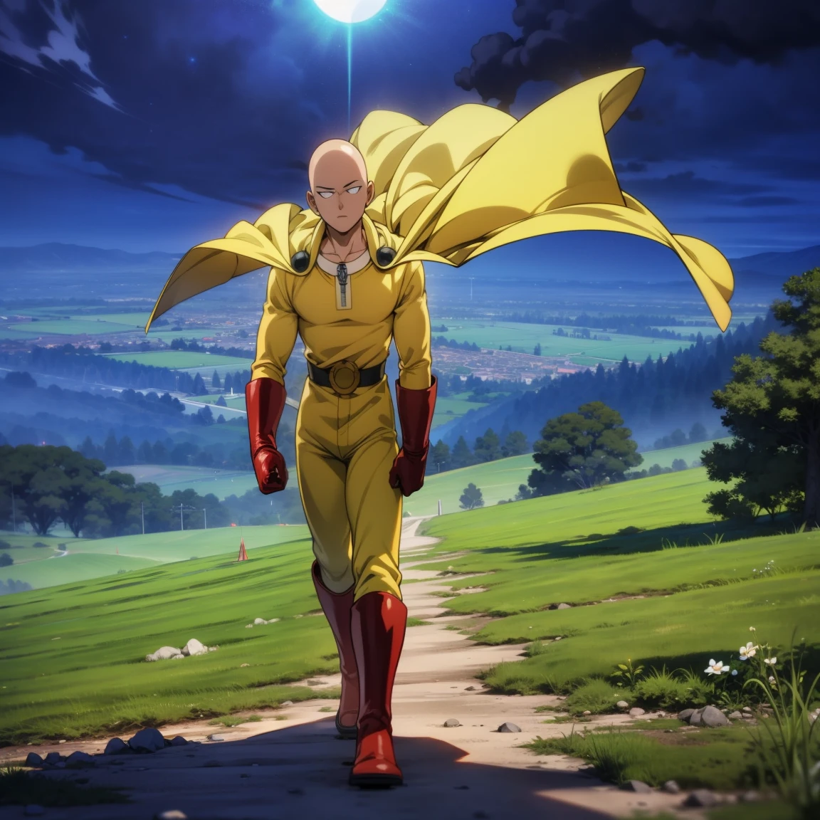 masterpiece, best quality, 1boy, (saitama), bald head, black eyes, red gloves and red boots, yellow clothes and white cape, standing on mountain, angry face, completely mad, fighting position, posting to giving punch, sunny day, beautiful mountain hills and forests, beautiful scenery, detailed face, evil smile, aura power, night, natural light, standing, male focus, strong muscles, movie composition, deth of field, bokeh, (futuristic), (full body),