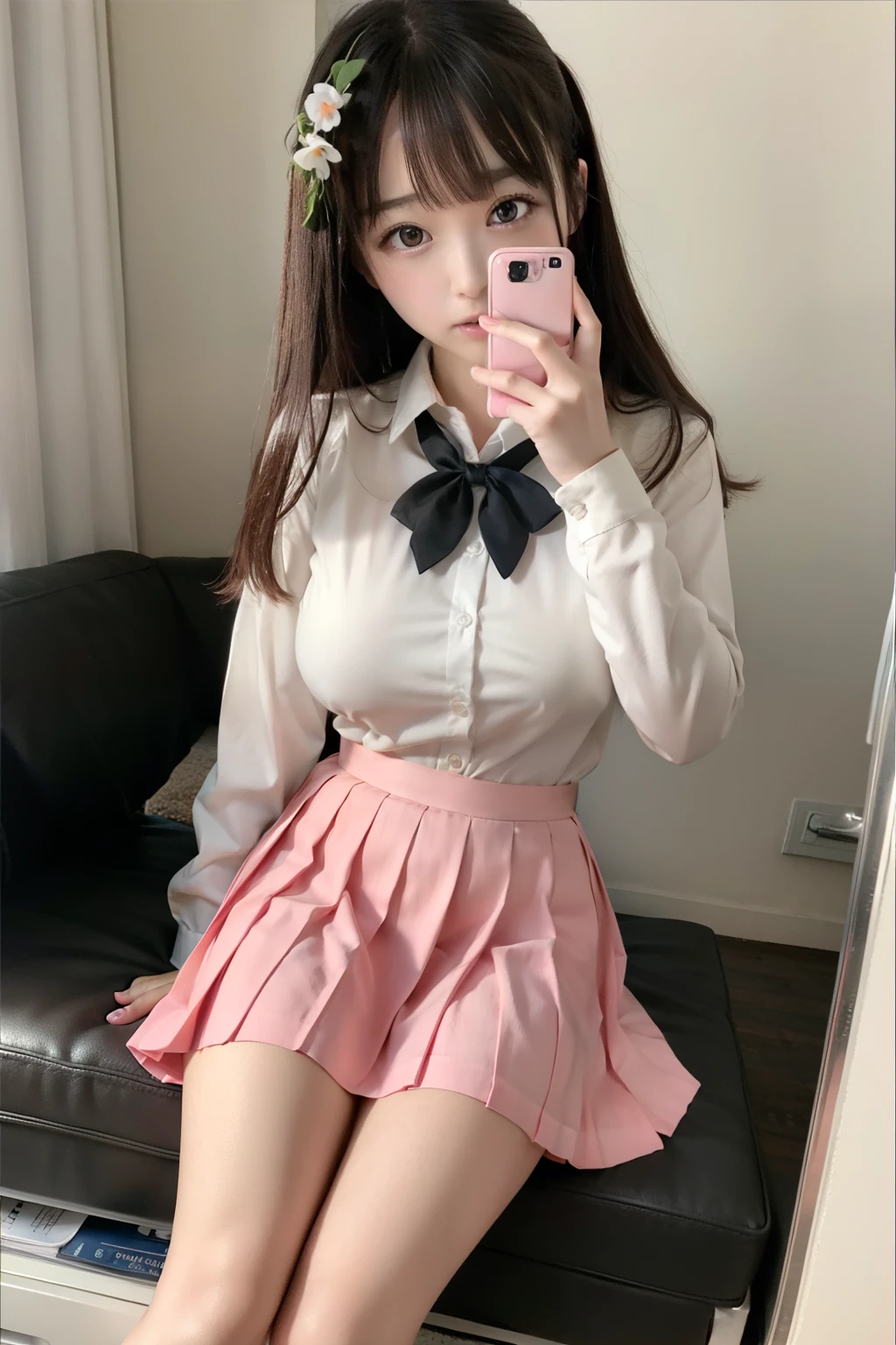 photo of 12 yeald old cute, panties, ((kpop idol)), lace panties, sitting, panties, legs open, skirt, school uniform, white petticoat, socks, black hair, shirt, blurry, blurred background, knees, white shirt, loafers, realistic, long hair, lips, brown eyes, black socks, bow tie, pleated skirt, bow, headrest, looking to the side, outdoors, brown shoes, masterpiece, best quality, ultra-detailed,(huge boobs,cleavage),, white pink, blue ,best qualtiy,tmasterpiece,超高分辨率,(Real-sense:1.4),RAW photogr,(True skin texture:1.3),(filmgrain:1.3),(Selfie angle),1个Giant Breast Girl,Beautiful eye and face details,tmasterpiece,Best quality at best,exposing thighigchest and big ,The chest more exposed,detailed hair,above looking down,short dress,Super big eyes,Detailed face,shiny pupils, randome color,