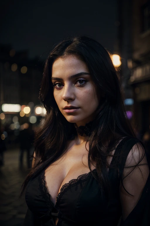 Picture of a Italian woman, 25 years old, , thick body, long hair, sexy gothic woman, gothic appearance, black monarchy clothes, realistic skin texture, perfect face, beautiful face, beautiful makeup, looking serious, doing a evil pose, looking at camera. city night background, street, purple neon lights, fog. Realism, very detailed, masterpiece, cinematic ambient, cinematic lights, professional photography, impressive, photo-realistic, realistic, cinematic composition, volumetric lighting, high-resolution, vivid, detailed, stunning, professional, lifelike, blue, purple, violtet and red colorgrading, (good composition).
