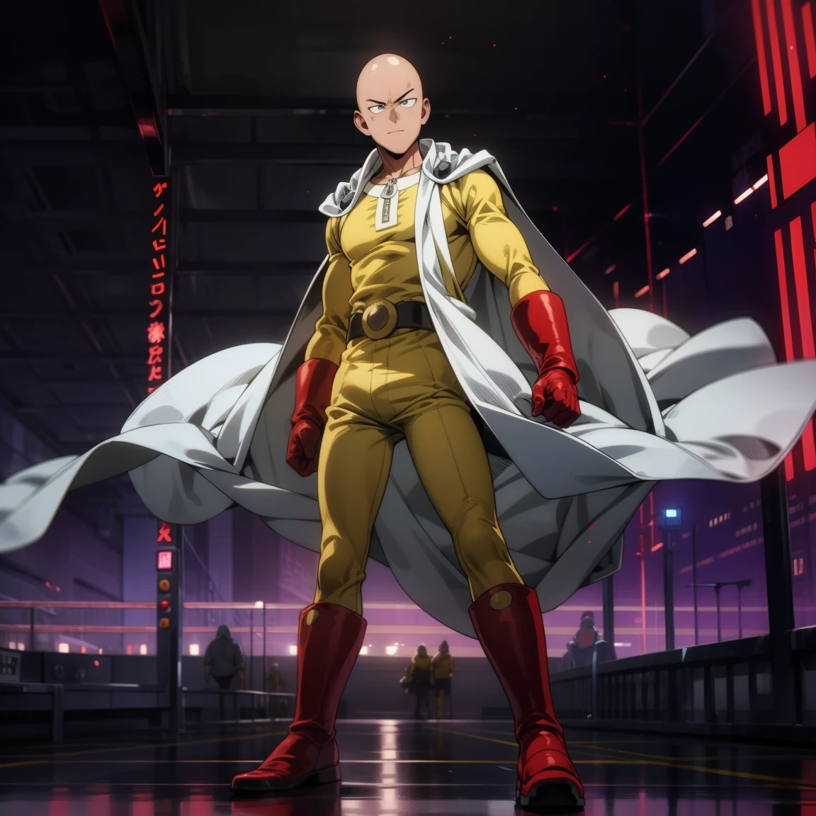 masterpiece, best quality, 1boy, (saitama), bald head, black eyes, red gloves and red boots, yellow clothes and white cape, standing, angry face, completely mad, fighting position, posting to giving punch, night city, detailed face, evil smile, aura power, night, natural light, standing, male focus, strong muscles, movie composition, deth of field, bokeh, (futuristic), (full body),