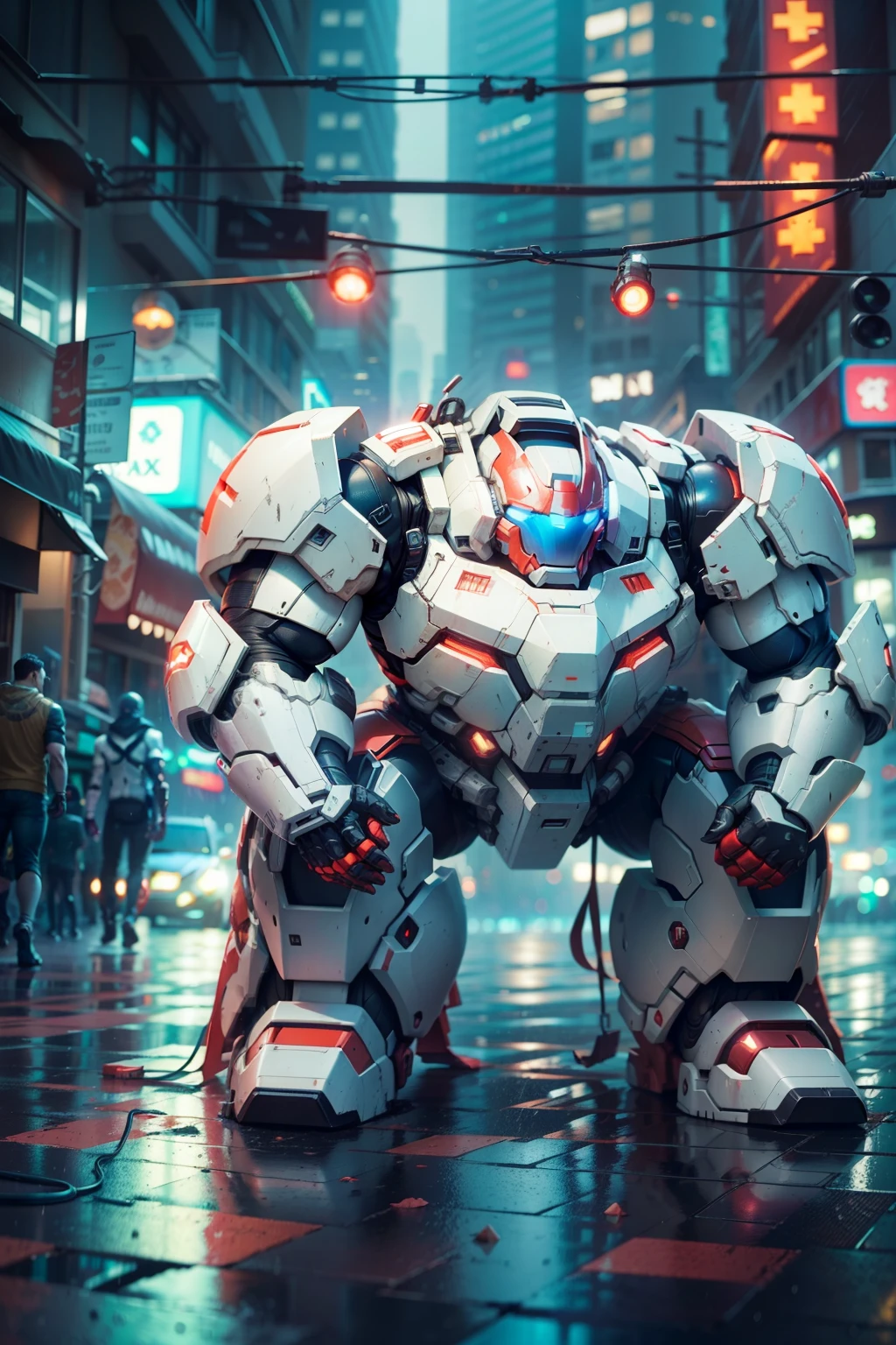 Android like mix of metal skin panic madox-01 and marvel's hulkbuster, full white color at a city downtown with much neon light in a raining night