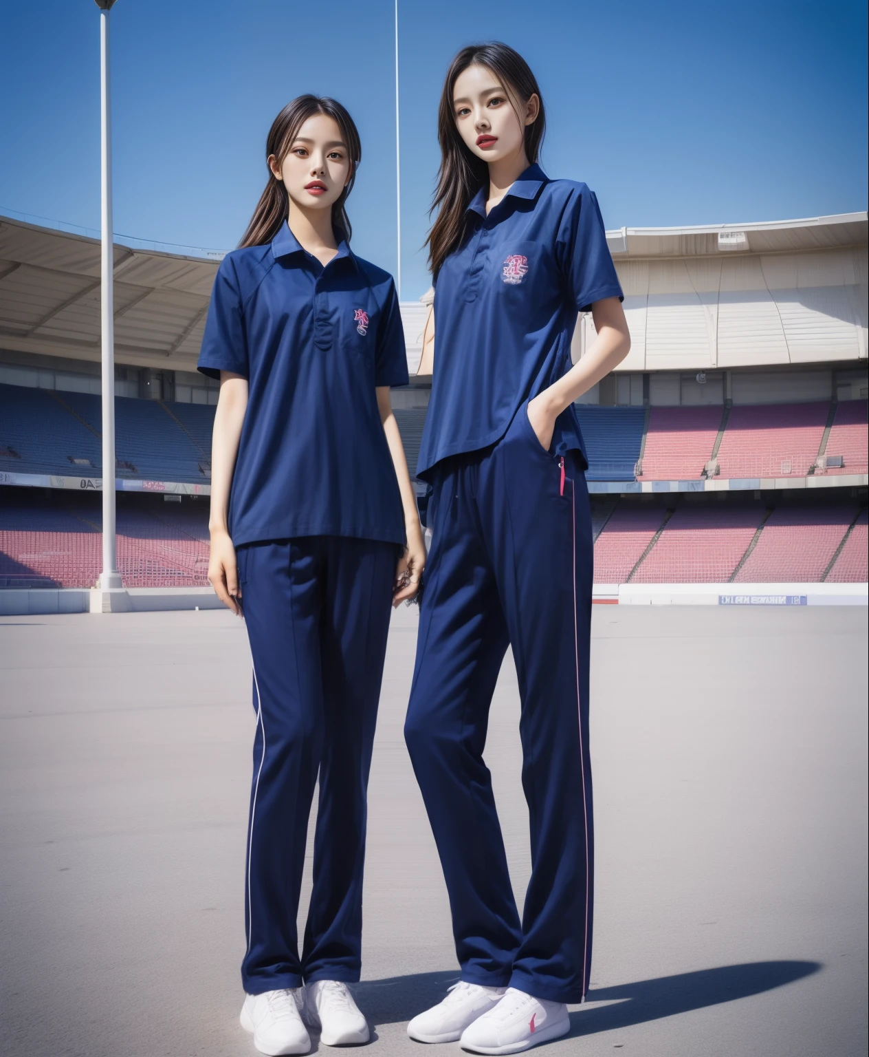 (bestquality,10,10,highres,masterpiece:1.2),ultra-detail,(Realistic,photorealistic portrait,photo-realistic:1.37),1 Cute girl in the football field,oily shiny skin,bara,light smile,BDclothelue shirt:1.3)),short sleeves,shirt, trousers.,(navy_long_Pants Track:1.1), ((Stadium Background:1.3)),dynamic angle,excited,face focus,Dynamic Poses,from behide,Ass Focus,masterpiece, bestquality, ultra realistic, hyper-detail, 8k resolution, RAW photo, crisp focus, ((Navy blue shirt:1.1)), short sleeves, Long Path, Perfect body, 2 mature women, 18yo, cinematic light,Blue sweatpants,Gymware,Correct anatomy,Complete body, Correct body, sharp face, Anatomically correct body, full entire body, Realistic gestures, long-haired, Realistic poses,Wear long shorts.......................................,Long leg span,Shapely,Sculpting Girl, Slender Figure, mannequin mannequins, Shapely, Beautiful body,Blue sweatpants, Two girls kissing