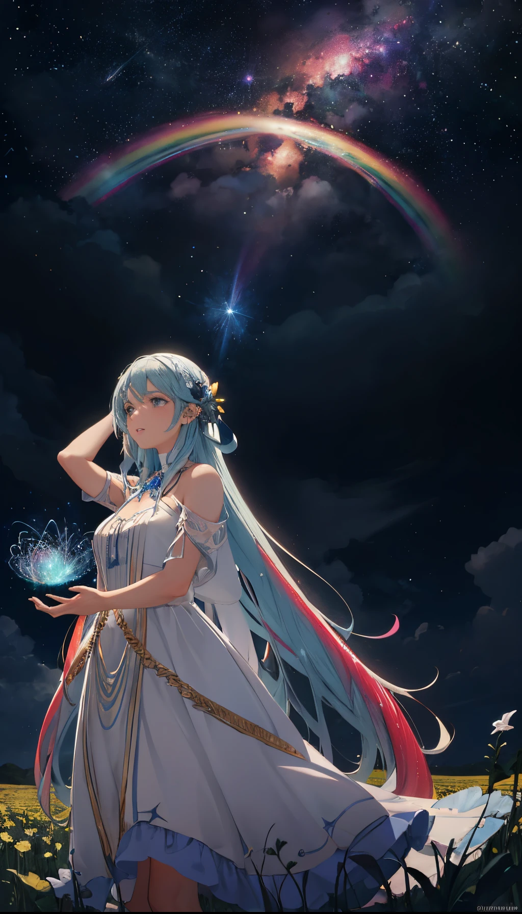 Vasta foto de paisagem, (visto de baixo, The sky above and the open field below), a girl standing on a flower field looking up, (lua cheia: 1.2), (Meteoro: 0.9), (nebula: 1.3), montanhas distantes , trees break crafting art, (luz quente: 1.2), (Pirilampos: 1.2), Luzes, Muito roxo e laranja, detalhes intrincados, Volumetric lighting, Realismo BREAK (master part: 1.2), (best quality), 4k, ultra-detalhado, (dynamic compositing: 1.4), Very detailed, detalhes coloridos, (rainbow colors: 1.2), (bright illumination, Atmospheric Illumination), sonhador, magica, (sozinho: 1.2)