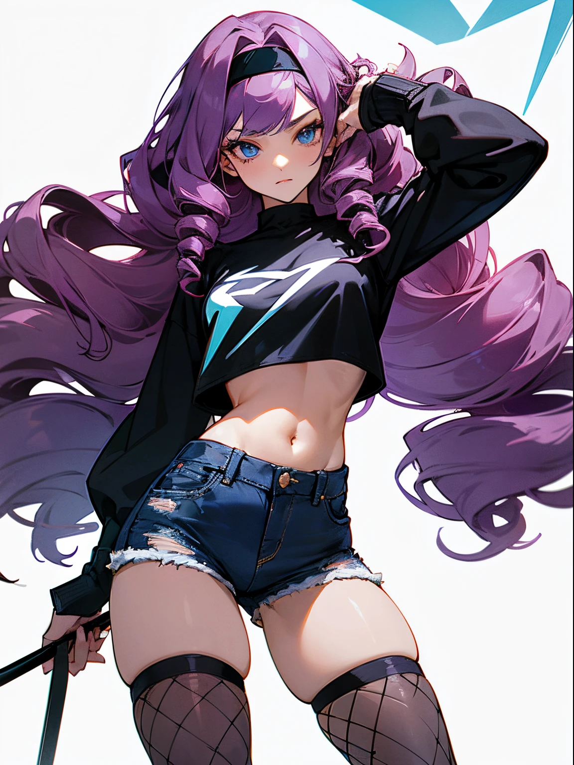 Game sprite of a mature woman with long wavy violet hair, drill curls, side bangs, and sharp blue eyes. She's wearing a black crop top shirt, short denim pants, fishnet stockings, and black headband. Standing up straight, white background.