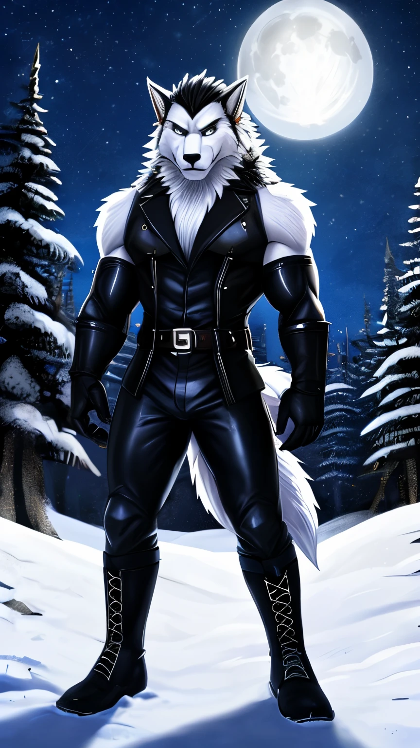 furry werewolf boy, muscle, snow, night, forest, moon, snow, black leather arms and hands glove, black leather legs and riding boots, leather pants, behind the light, anime, 4K