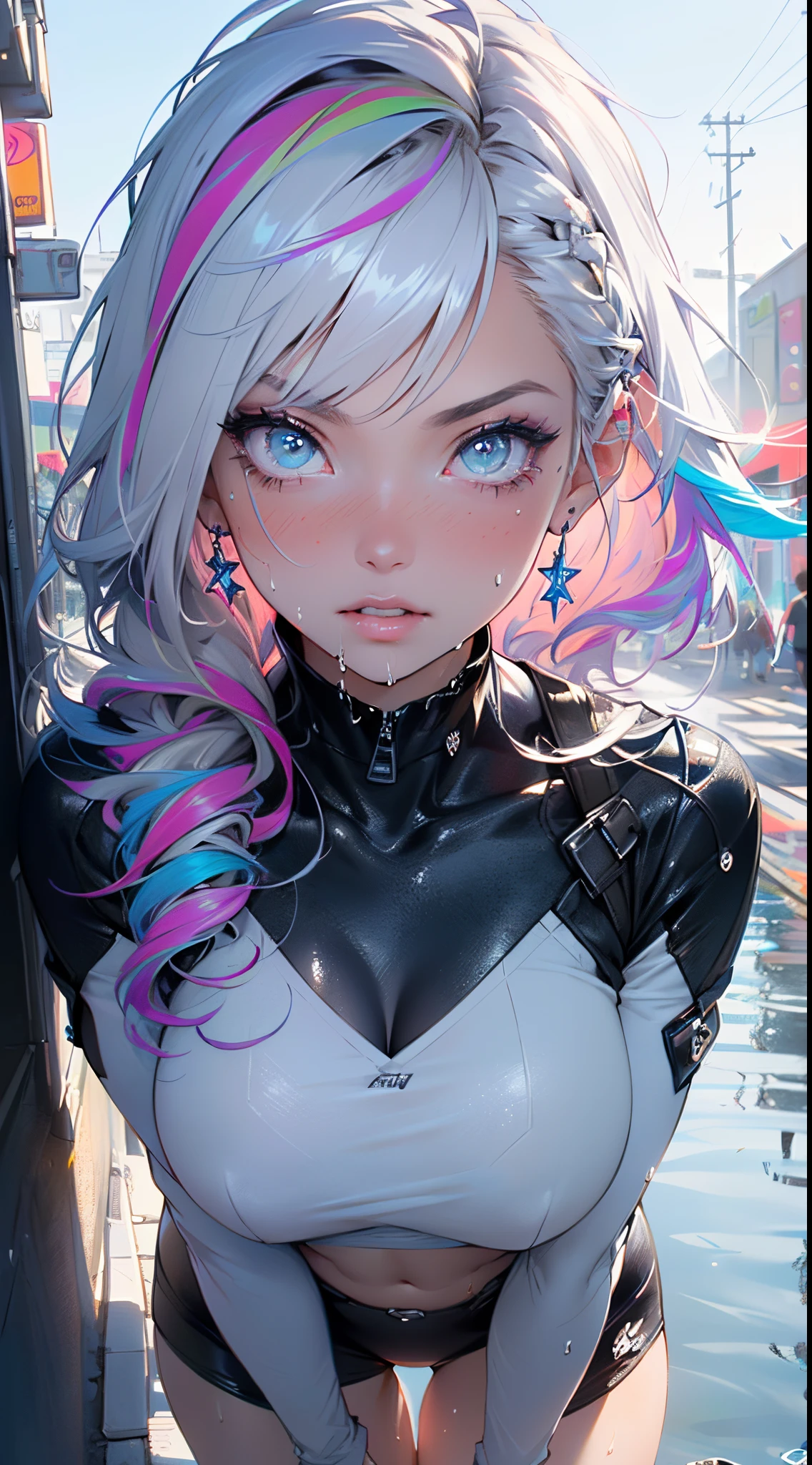 cyberpunk girl,(((1girl))),((cute and beautiful rainbow haired girl)),

(Colorful hair:1.5), (all the colors of the rainbow:1.5),crystal clear eyes,rainbow color gradient bangs:1.5,(rainbow colored hair:1.5), color splash, color explosion, (colorful), Face Paint, ((streaked hair)),(Gradient color eyes),(((colorful eyes))),

(large breasts:1.4),saggy breasts,mane,((multicolored_hair:1.3)), ((rainbow hair:1.3)),((hair bangs:1.3)),((hair with the seven colors of the rainbow:1.3)),((straight hair:1.3)),((very straight hair,very_long hair:1.5)),((The beauty of extra-long hair)),((Super Long Straight Hair)),((bangs)),(((neon rainbow eyes:1.3))),intricate eyes,beautiful detailed eyes,symmetrical eyes,((fat)),(((lustrous skin:1.5,bright skin: 1.5,skin tanned,shiny skin,very shiny skin,shiny body,plastic glitter skin,exaggerated shiny skin,illuminated skin,wet legs))),(spider lower abdomen,narrow waist,wide hip,athletic body,inflated legs, thick thighs,detailed body,(detailed face)),

cute,slutty,erotic,((nsfw)),

white pilot suit,white cyber suit,absurdres,Long legs,cleavage,(((wet clothes,intricate outfit,intricate clothes))),

(hypnotized pose:1.0),hypnotized,(centered,scale to fit dimensions,Rule of thirds),

cyberpunk city by the ocean at night, with bright neon signs and dark stormy clouds and puddles, scenery:1.25,nighttime, starry night, cosmos,Very dark night that makes the neon lights stand out, very bright neon lights,nighttime, starry night, cosmos,

artistic photography,(photography taken by sldr),highres, sharp focus,(ultra detailed, extremely detailed), (photorealistic artwork:1.37),(extremely detailed CG unity 8k wallpaper),((synthwave background theme)),(((vibrant colors))),intricate,(intricate background),(masterpiece),(best quality),perfect rendered face,perfect face details,realistic face,photo realistic,analog style,((intricate detail)),(((realism))),