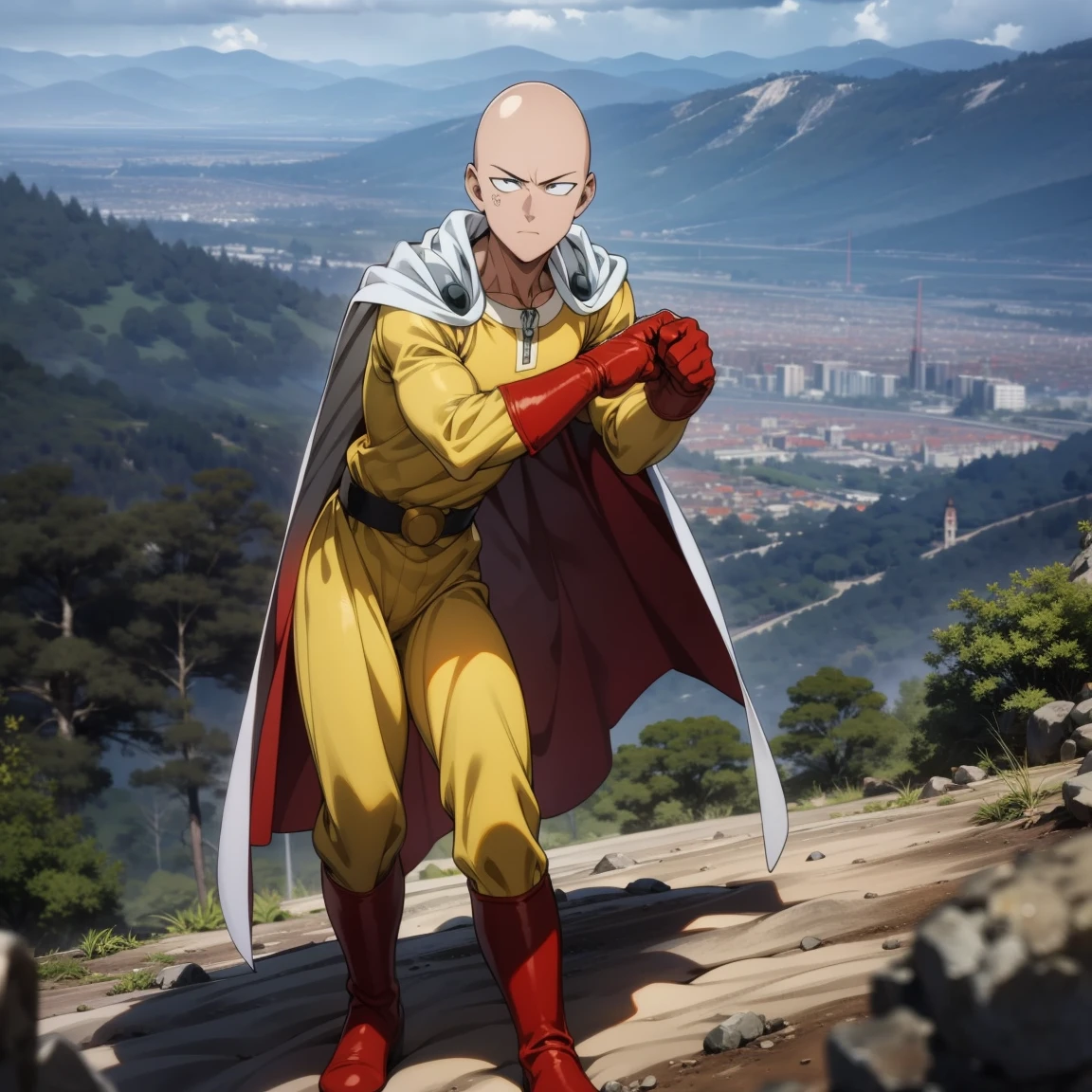 masterpiece, best quality, 1boy, (saitama), bald head, black eyes, red gloves and red boots, yellow clothes and white cape, standing on mountain, angry face, completely mad, fighting position, posting to giving punch, sunny day, beautiful mountain hills and forests, beautiful scenery, detailed face, evil smile, aura power, night, natural light, standing, male focus, strong muscles, movie composition, deth of field, bokeh, (futuristic), (full body),
