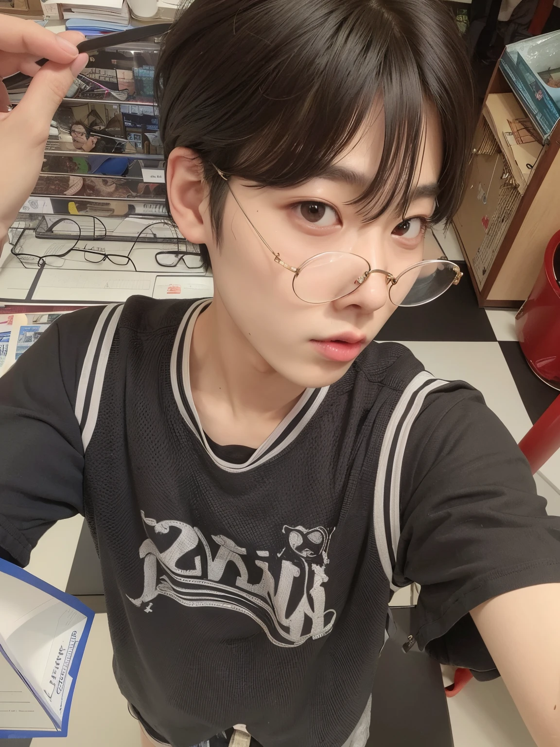 There's a man with glasses on his face and a black shirt, Kim Doyoung, Ulzzang macho, Jinyoung Canela, Jung Jaehyun, Ulzzang, Cai Xukun, Hyung Tae, TaeJune Kim, 1 7 - ano - menino rosto magro, com cabelos curtos, Jaeyeon Nam, Hong June Hyung, wan adorable korean face, Jungkook