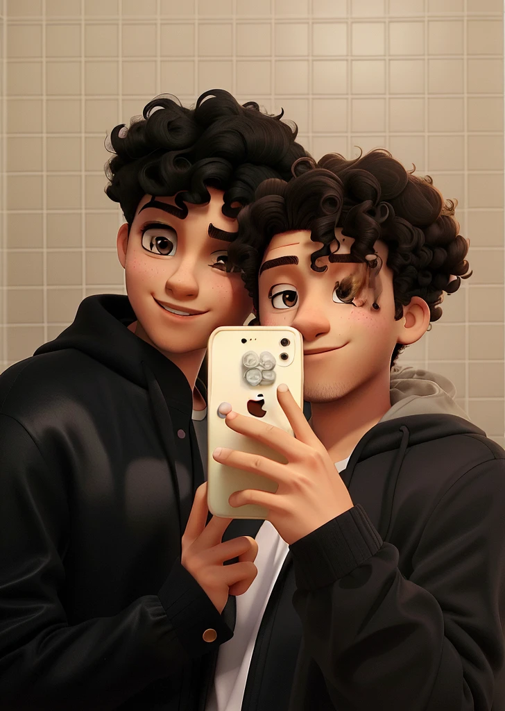young gay couple with curly hairs taking a picture in a mirror with a white iphone 11