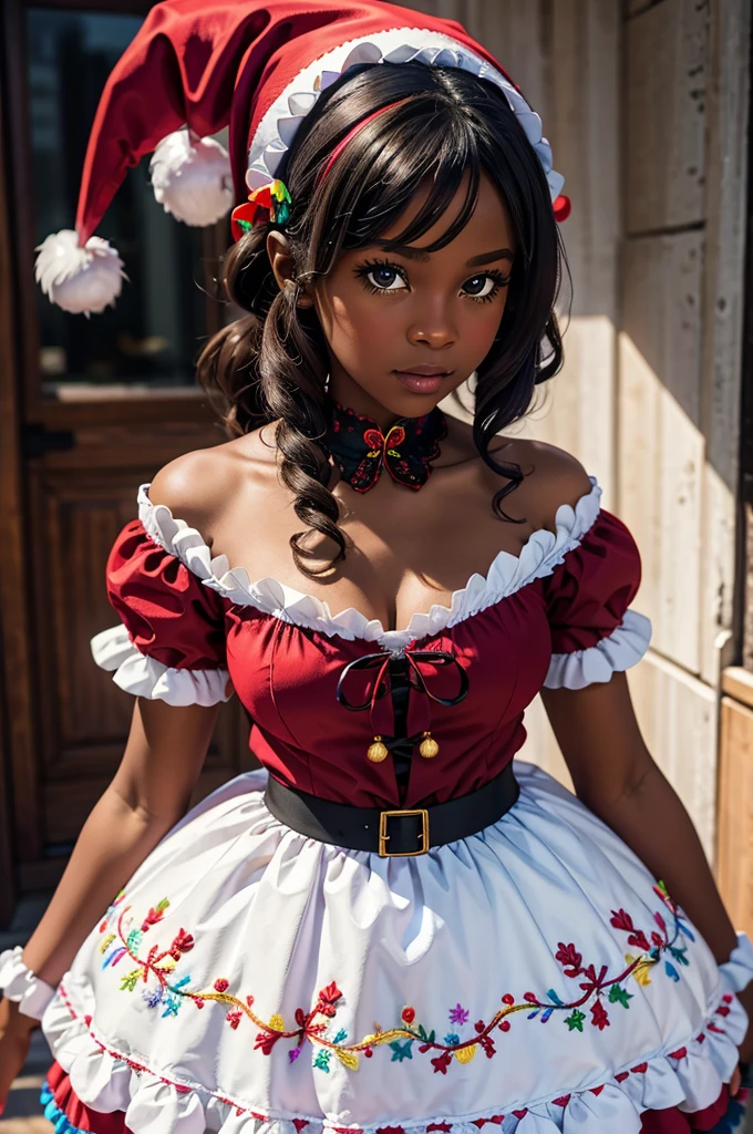 mrs clause black girl, frills, ribbons, floral embroidery, neon rainbow