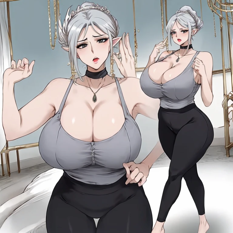 disgusted look, annoyed, busty, big breasts, massive breasts, looking at viewer, thick, cleavage, thick lips, wide hips, thin waist, mature mom, yoga pants, open mouth